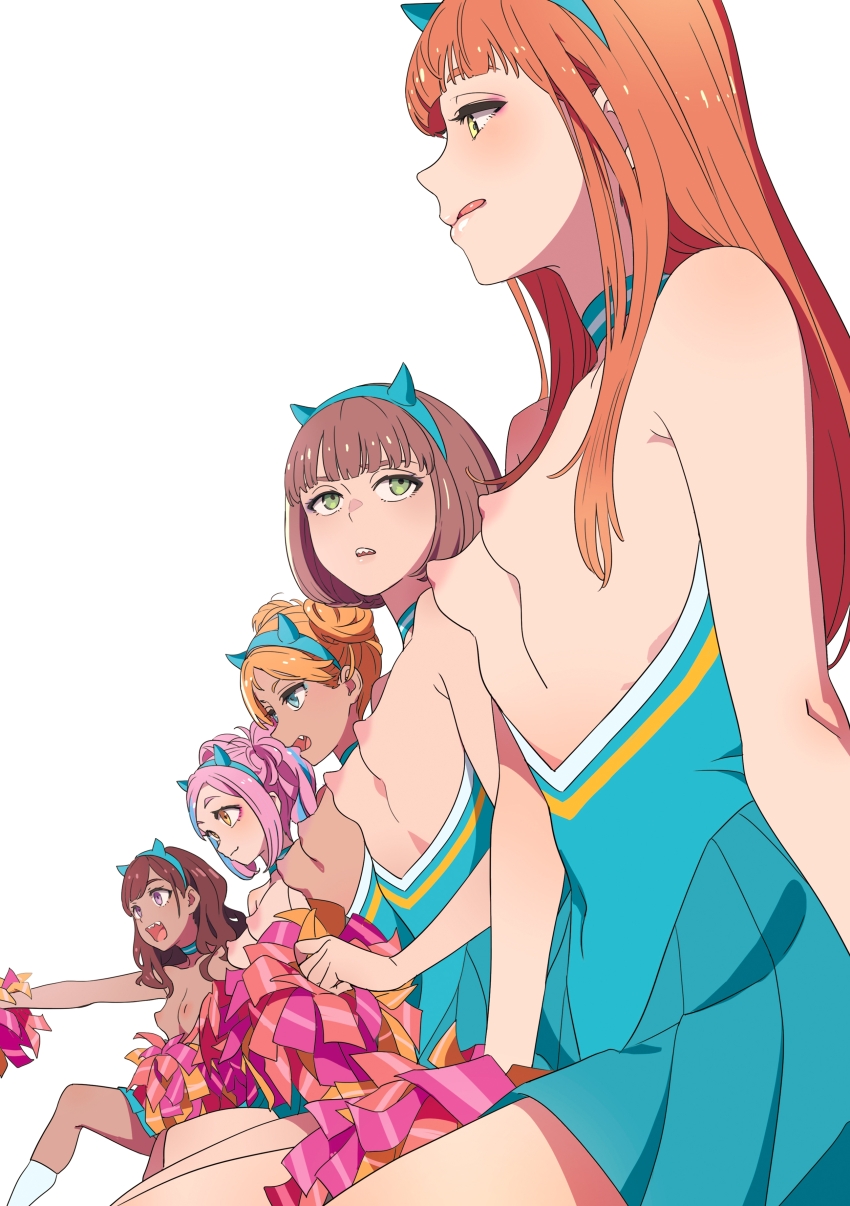 5girls absurdres aqua_skirt bare_shoulders blue_eyes breasts brown_hair commentary_request green_eyes hair_ornament highres mebae multiple_girls open_mouth orange_hair original perky_breasts pink_hair pom_pom_(cheerleading) puffy_nipples purple_eyes simple_background skirt small_breasts socks topless_female white_background white_socks