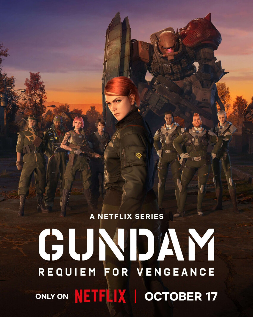2girls 3d 6+boys alfee_zydos ander_heaton asian assault_rifle black_hair blonde_hair bob_cut boots bulletproof_vest cloud commentary dark_skin dusk emblem english_commentary english_text forest gloves goggles gun gundam gundam_requiem_for_vengeance hailey_arhun hand_on_own_hip hat helmet highres insignia iria_solari jacket kale_zavaleta kneeland_lesean kneeling logo looking_at_viewer machine_gun machinery maya_(medium) mecha military_uniform mohawk mthomasledeore multiple_boys multiple_girls nature netflix official_art ony_kasuga pilot_suit pink_hair promotional_art realistic red_hair reid_ghelfi rifle robot science_fiction serious shield shoulder_spikes soldier spacesuit spikes tattoo title unreal_engine_(medium) weapon zaku_ii zeon