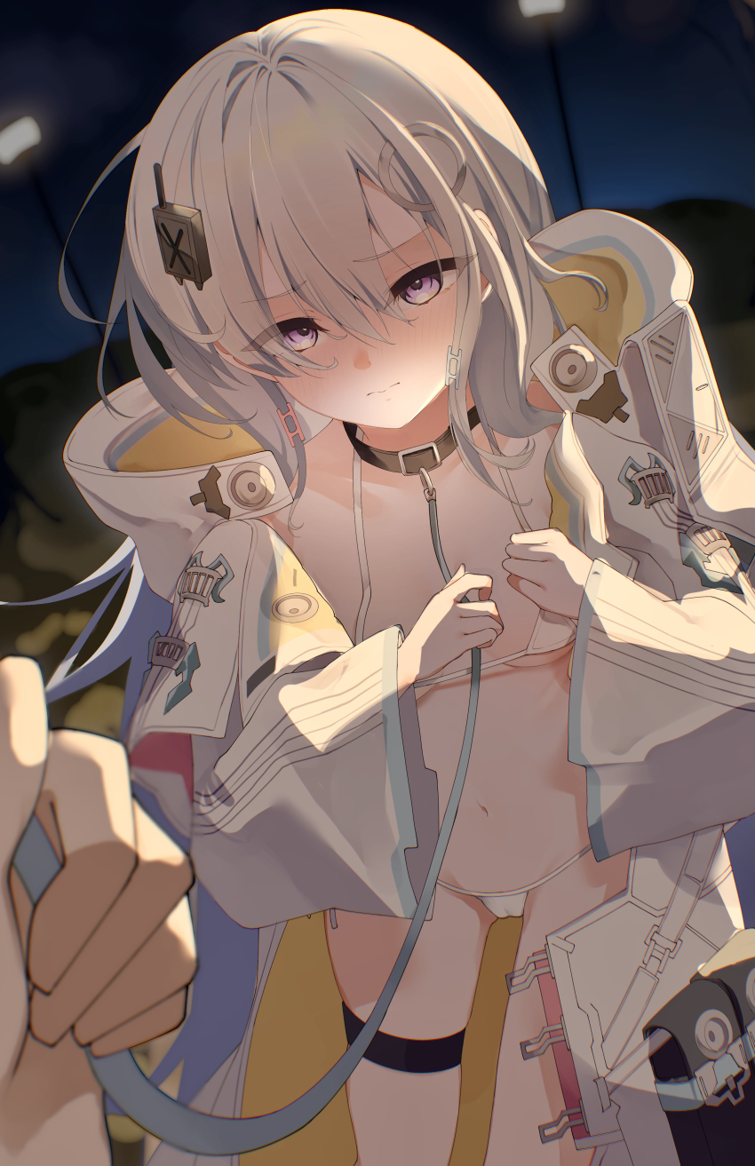 1girl absurdres blush choker chunithm hair_ornament highres jacket lena_ishmael long_hair long_sleeves looking_at_viewer navel open_clothes panties purple_eyes taktalfine thigh_strap thighhighs underwear white_hair white_panties