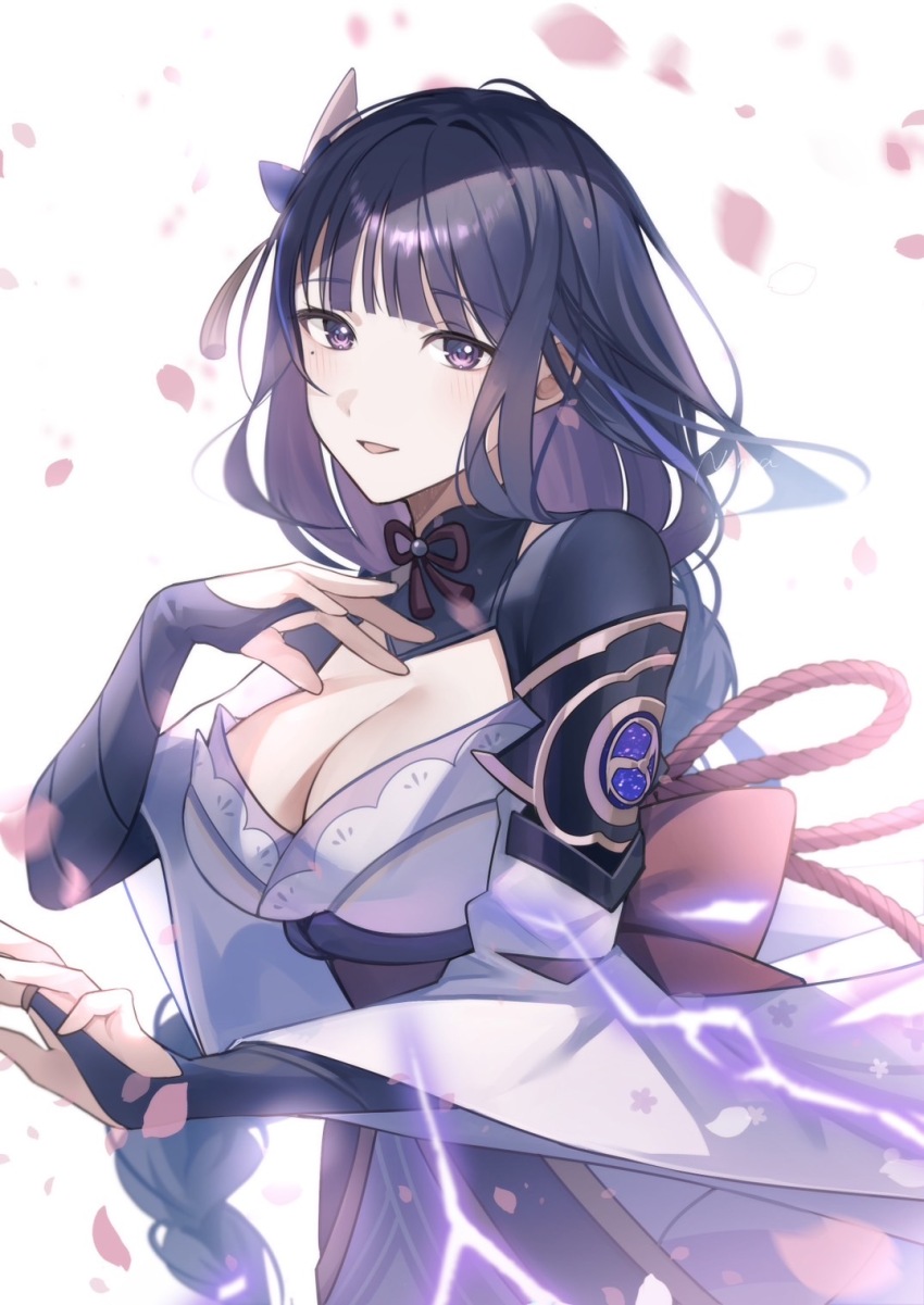 1girl breasts cleavage genshin_impact highres long_hair looking_at_viewer nerua open_mouth purple_eyes purple_hair raiden_shogun smile solo traditional