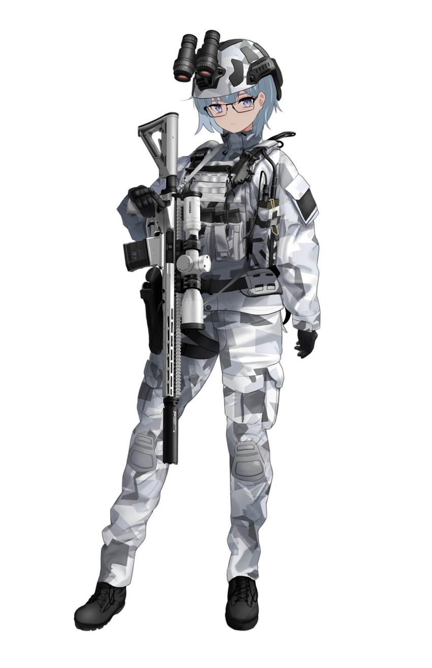 1girl absurdres black-framed_eyewear black_boots black_gloves boots camouflage camouflage_helmet camouflage_pants camouflage_shirt combat_helmet commentary commission english_commentary full_body glasses gloves grey_hair gun helmet highres holding holding_gun holding_weapon long_sleeves military_combat_uniform military_fatigues military_uniform original pants pixiv_commission purple_eyes rynn_(rynn_cube) scope shirt short_hair simple_background snow_camouflage solo standing sweden swedish_army walkie-talkie weapon white_background