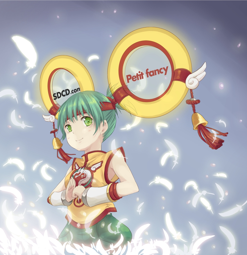 10s 1girl bad_id bad_pixiv_id bell dragon_kid feathers female_focus gradient_background green_eyes green_hair hair_ornament highres hpflower huang_baoling matching_hair/eyes smile solo tiger_&amp;_bunny