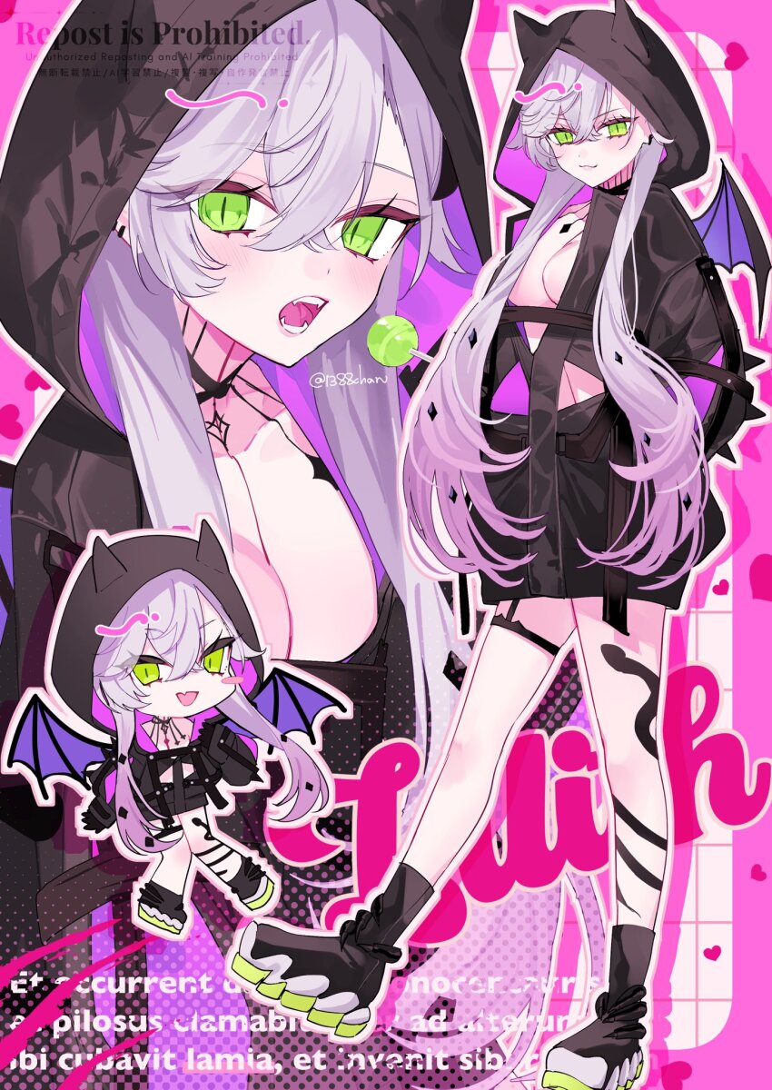 1388chan 1girl black_jacket blush body_markings breasts character_name chibi choker cleavage crossed_bangs demon_girl demon_horns demon_wings ear_piercing fate/grand_order fate_(series) full_body green_eyes grey_hair hair_between_eyes highres hood horns jacket lilith_(fate) lilith_(first_ascension)_(fate) long_hair long_sleeves looking_at_viewer low_twintails medium_breasts multiple_views open_mouth piercing shoes smile sneakers thigh_strap twintails wings