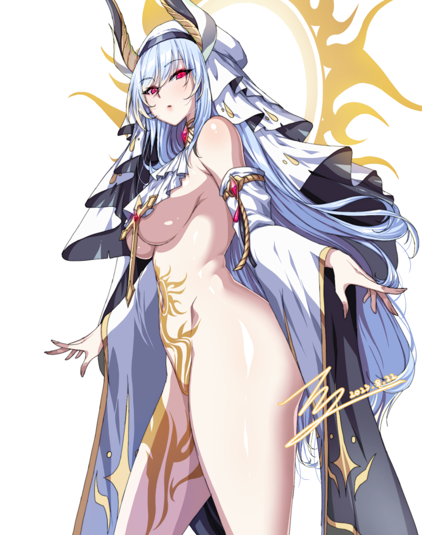 1girl bare_shoulders blue_hair breast_curtain commission cross detached_sleeves frilled_neckerchief from_side halo highres horns leg_tattoo legs long_hair no_panties nun original pixiv_commission rantia red_eyes shiny_skin solo tattoo thick_thighs thighs upper_body