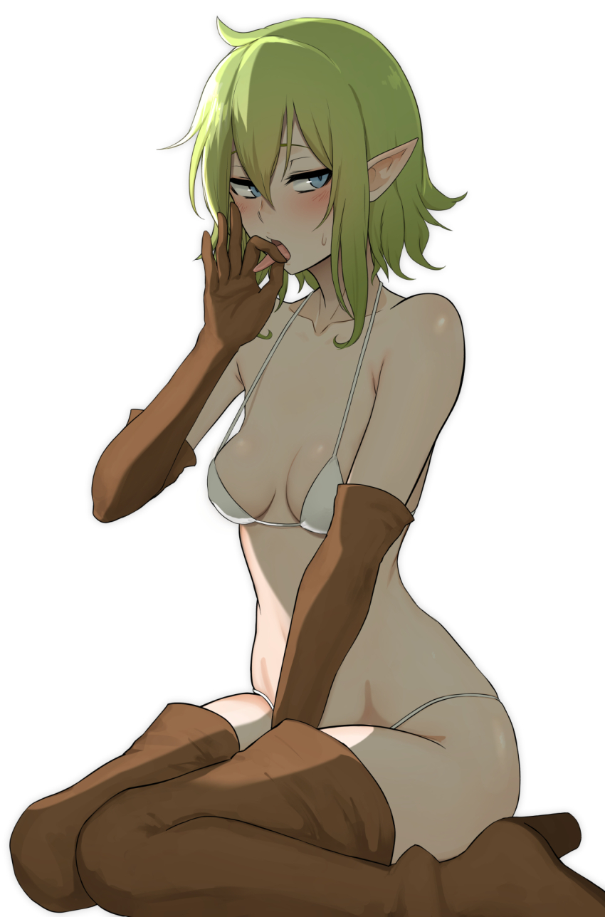 1girl bare_shoulders bikini blue_eyes blush boots breasts brown_boots brown_gloves dungeon_ni_deai_wo_motomeru_no_wa_machigatteiru_darou_ka elbow_gloves elf embarrassed fellatio_gesture gloves gobi_(jtnyrwbkohiqsuldg) green_hair highres long_bangs looking_to_the_side paid_reward_available pointy_ears ryu_lion short_hair sidelocks sitting small_breasts solo swimsuit thigh_boots tongue tongue_out wariza wavy_hair white_bikini