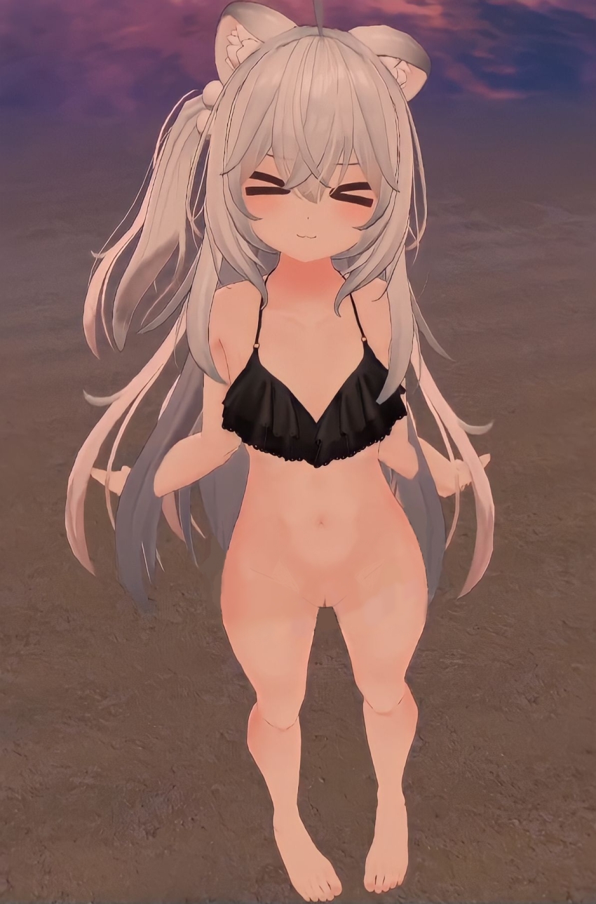 &gt;_&lt; 1girl 3d ahoge animal_ears armpits bare_legs bare_shoulders barefoot beach beads belly bikini bikini_top_only black_bikini black_bra bottomless bra colored_skin cross-eyed enaroh_utori fox fox_ears fox_girl fox_tail frills grey_hair hair_beads hair_between_eyes hair_ornament highres long_hair navel no_panties nude_filter ocean outdoors pale_skin pout pussy side_ponytail sidelocks solo standing straight_hair stretching swimsuit tail thighs third-party_edit uncensored underwear virtual_youtuber vrchat