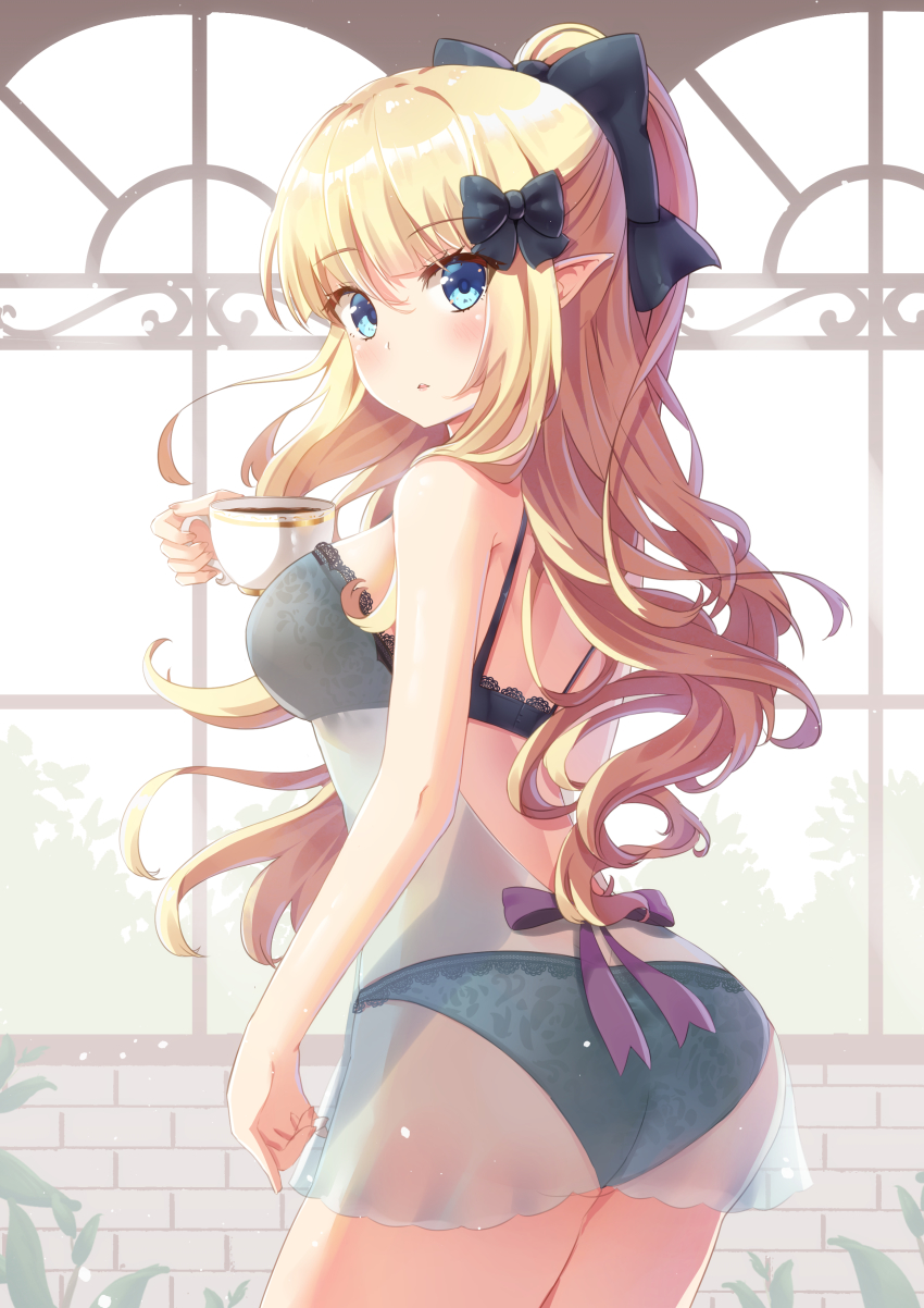 1girl absurdres black_bow black_bra black_panties blonde_hair blue_eyes bow bra breasts commentary_request cup elf hair_bow highres holding holding_cup holmemee lace lace-trimmed_bra lace-trimmed_panties lace_trim large_breasts lingerie long_hair looking_at_viewer open_mouth panties pointy_ears ponytail princess_connect! purple_bow saren_(princess_connect!) see-through_clothes solo teacup underwear window
