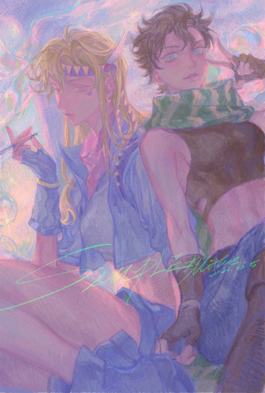 2girls bare_shoulders battle_tendency blonde_hair blue_eyes blue_jacket boots breasts brown_hair bubble caesar_anthonio_zeppeli cropped_shirt denim facial_mark feather_hair_ornament feathers fingerless_gloves genderswap genderswap_(mtf) gloves green_scarf hair_ornament headband highres holding holding_smoking_pipe jacket jeans jojo_no_kimyou_na_bouken joseph_joestar joseph_joestar_(young) long_hair midriff mitus multiple_girls pants pastel_colors pink_scarf purple_eyes scarf short_hair shorts sideboob small_breasts smoking_pipe sparkle spiked_hair striped_clothes striped_scarf toned triangle_print v