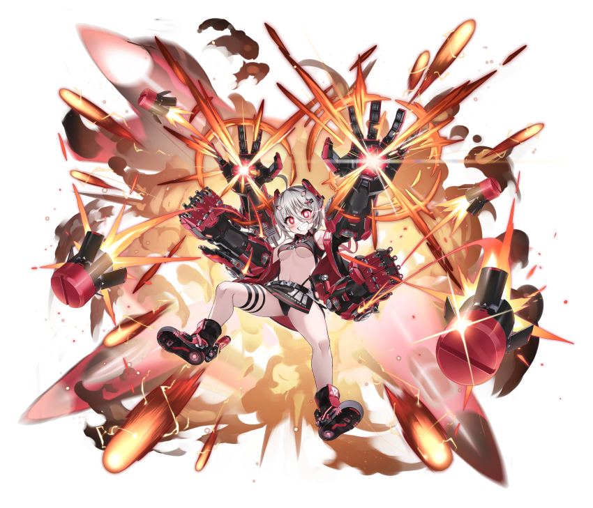 1girl absurdres ahoge bare_legs bare_shoulders black_boots black_jacket black_skirt boots breasts bright_pupils commentary explosion extra_arms eye_trail firing full_body glowing_pupils grey_hair grin highres itano_circus jacket legs light_trail looking_at_viewer mechanical_arms miniskirt missile missile_pod missile_trail morros multicolored_boots multiple_thigh_straps navel original power_fist powering_up red_boots red_eyes red_trim sharp_teeth short_hair side_slit simple_background skirt small_breasts smile star-shaped_pupils star_(symbol) stomach symbol-only_commentary symbol-shaped_pupils teeth thigh_strap two-sided_fabric two-sided_jacket two-tone_boots underboob weapon white_background white_pupils