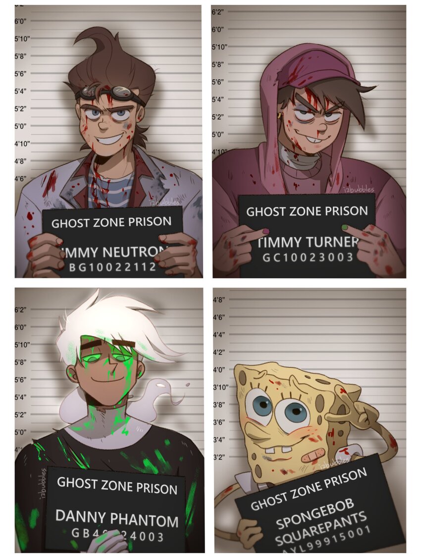 4boys absurdres ahoge animification artist_name bandaid bandaid_on_face barbie_(franchise) barbie_(live_action) barbie_mugshot_(meme) buck_teeth colored_skin commentary crossover danny_fenton danny_phantom earrings english_commentary english_text evil_grin evil_smile goggles goggles_on_head green_nails grin height_chart highres holding holding_sign hood hoodie izzy_(izbubbles) jewelry jimmy_neutron jimmy_neutron_(series) looking_at_viewer male_focus meme mugshot multiple_boys nickelodeon outline panels pink_headwear pink_hoodie pink_nails sign smile spongebob_squarepants spongebob_squarepants_(series) teeth the_fairly_oddparents timmy_turner white_hair white_outline yellow_skin