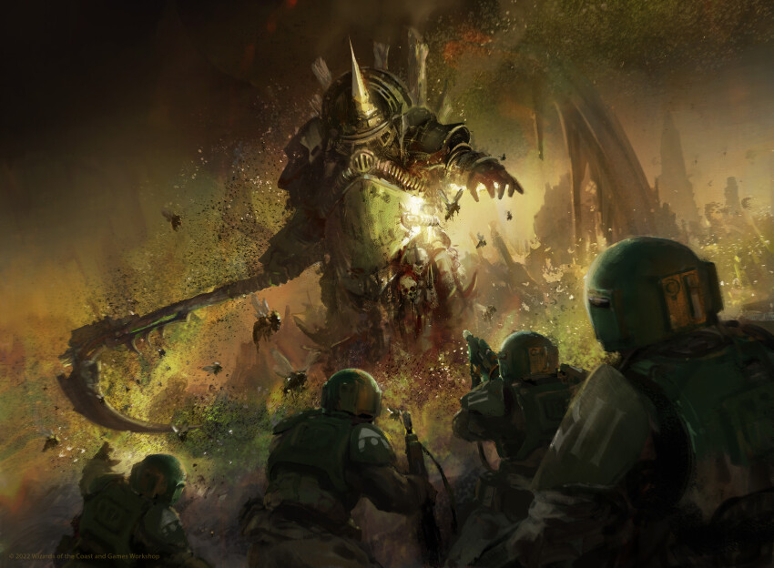 2022 adeptus_astartes aiming armor artist_name astra_militarum battle breastplate bug chain chaos_(warhammer) chaos_space_marine cloud cloudy_sky colored_smoke commentary dark death_guard decay english_commentary english_text ev_shipard fake_horns fighting_stance firing fly from_behind full_armor full_body gun hat helmet highres holding holding_gun holding_scythe holding_weapon horned_helmet horns insect lasgun military military_hat military_uniform official_art pauldrons pelvic_curtain plague_marine roman_numeral rot_fly ruins scythe shoulder_armor skull skull_belt sky smoke spiked_armor swarm terminator_armor tube typhus_(warhammer) warhammer_40k weapon