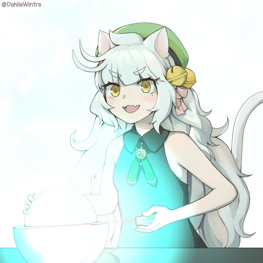 1girl :3 bare_shoulders beret black_shirt cat_girl cat_tail cherenkov_radiation dahlia_wintra dahlia_wintra_(artist) demon_core fang glowing hair_ribbon hat highres long_hair looking_at_viewer messy_hair mole mole_under_eye nuclear_power open_mouth plutonium radiation radioactive ribbon screwdriver shirt skin_fang sleeveless sleeveless_shirt solo tail tomopulse virtual_youtuber white_background white_hair yellow_eyes