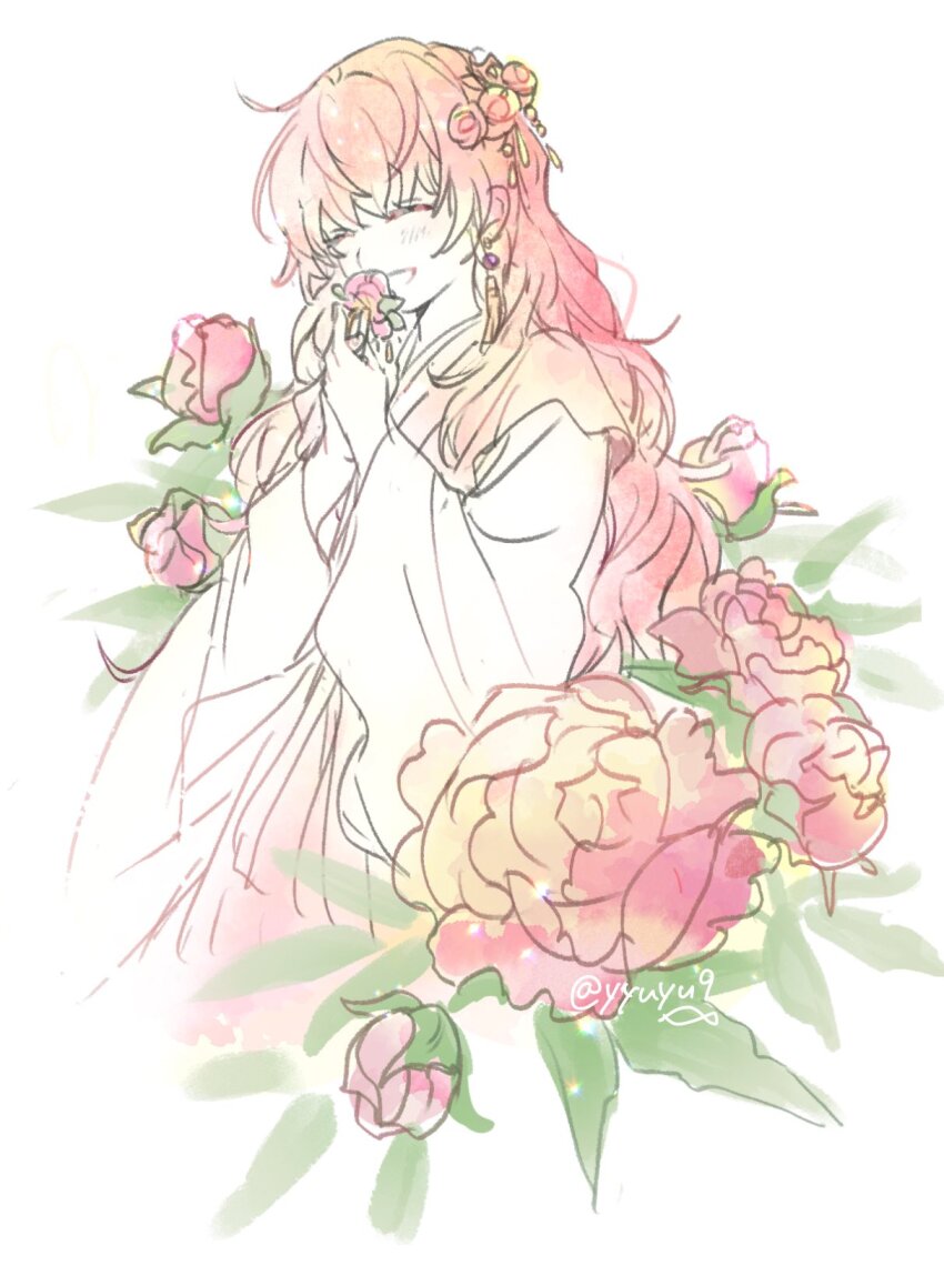 1girl akatsuki_no_yona alternate_hairstyle bad_tag earrings flower highres jewelry korean_clothes long_hair smile solo yona_(akatsuki_no_yona) yyuyu9