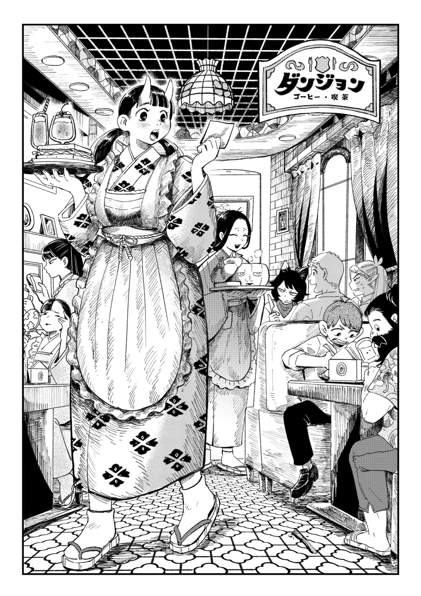 3boys 6+girls ^_^ absurdres alcohol animal_ears apron asymmetrical_bangs beard beer beer_mug benichidori blunt_bangs border braid braided_bangs casual cat_ears cat_girl ceiling cherry chilchuck_tims closed_eyes covered_mouth cup curtains door drink drinking_glass dungeon_meshi dwarf elf facial_hair facing_another falin_touden flip-flops food fruit greyscale halfling hanging_light hawaiian_shirt hien highres holding holding_knife holding_mirror holding_paper holding_tray horns inutade izutsumi japanese_clothes kimono knife laios_touden lamp lipstick long_sleeves looking_to_the_side low_twintails maizuru makeup mature_female mirror mismatched_animal_ear_colors mole mole_above_eye monochrome mug multiple_boys multiple_girls multiple_moles mustache note one_eye_closed oni open_mouth pants paper parted_bangs petermann pointy_ears ponytail print_kimono print_shirt profile pumpkin reading restaurant sandals sandwich senshi_(dungeon_meshi) serving shirt shoes short_sleeves sitting socks standing steam swept_bangs tabi tray twintails waitress walking window zouri