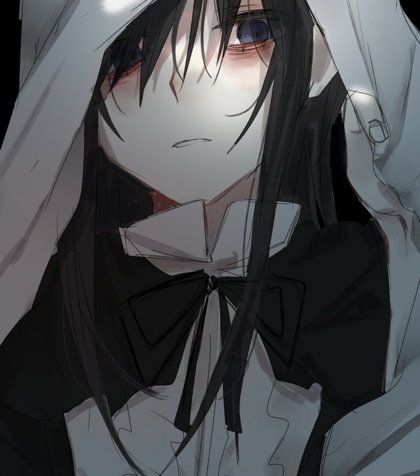 1girl aayoii_00 akemi_homura akemi_homura_(black_dress) black_coat black_hair coat highres long_hair looking_at_viewer mahou_shoujo_madoka_magica purple_eyes shirt solo veil white_shirt white_veil