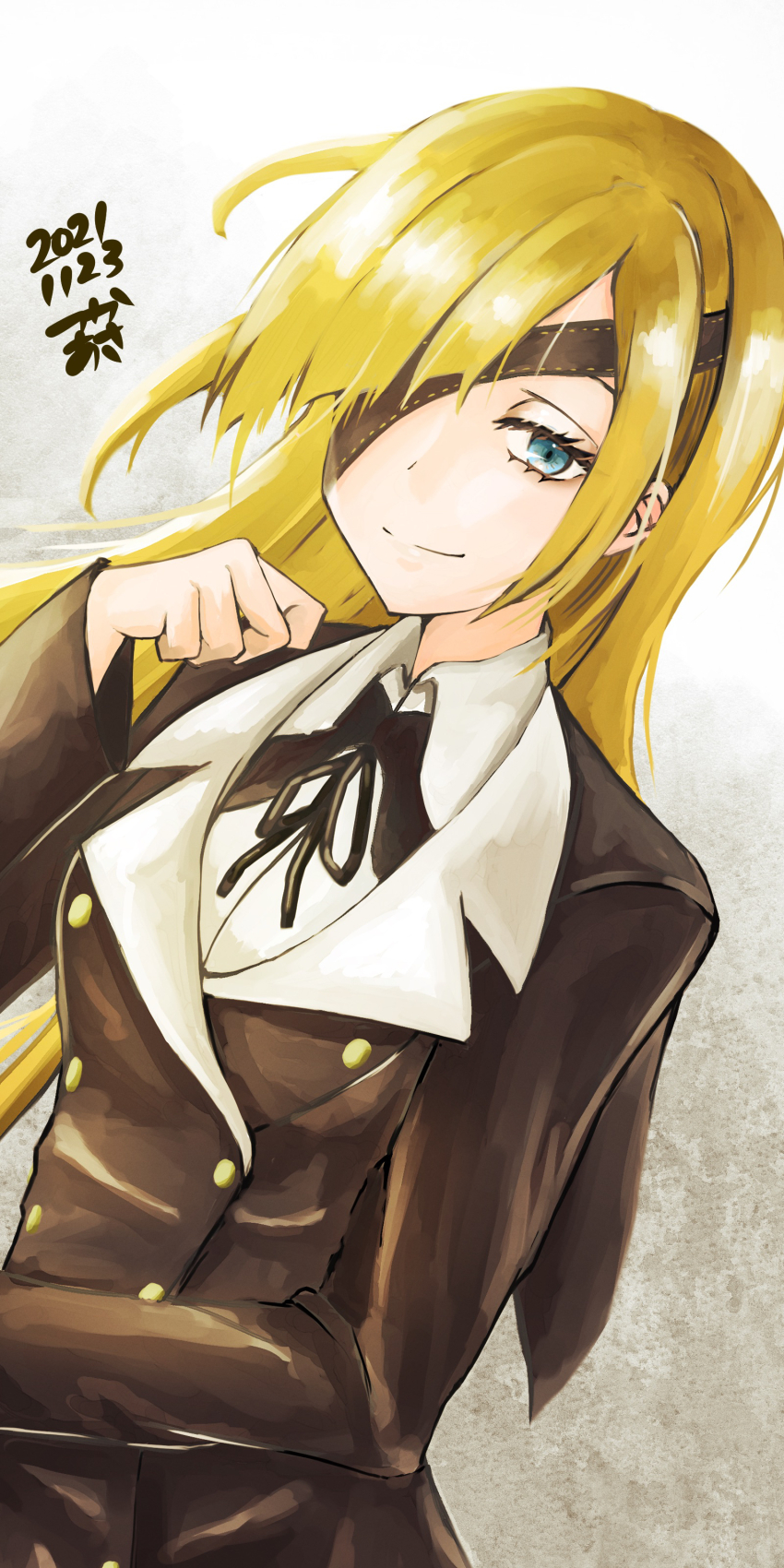 1girl absurdres black_jacket black_ribbon blonde_hair blue_eyes breasts buttons closed_mouth dated double-breasted dutch_angle eyepatch fate/grand_order fate_(series) hand_up highres jacket long_hair long_sleeves looking_at_viewer one_eye_covered ophelia_phamrsolone ribbon shirt smile solo tsukaasa white_shirt