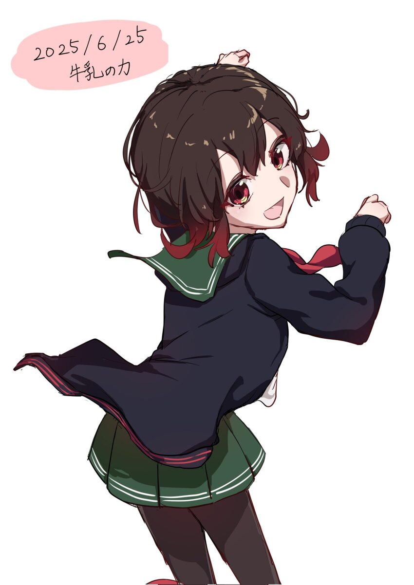 1girl black_jacket black_pantyhose brown_hair feet_out_of_frame from_behind gradient_hair green_sailor_collar green_skirt gyuunyuu_no_chikara highres jacket kantai_collection looking_at_viewer looking_back multicolored_hair mutsuki_(kancolle) mutsuki_kai_ni_(kancolle) neckerchief one-hour_drawing_challenge pantyhose pleated_skirt red_eyes red_hair red_neckerchief sailor_collar school_uniform serafuku short_hair simple_background skirt solo white_background