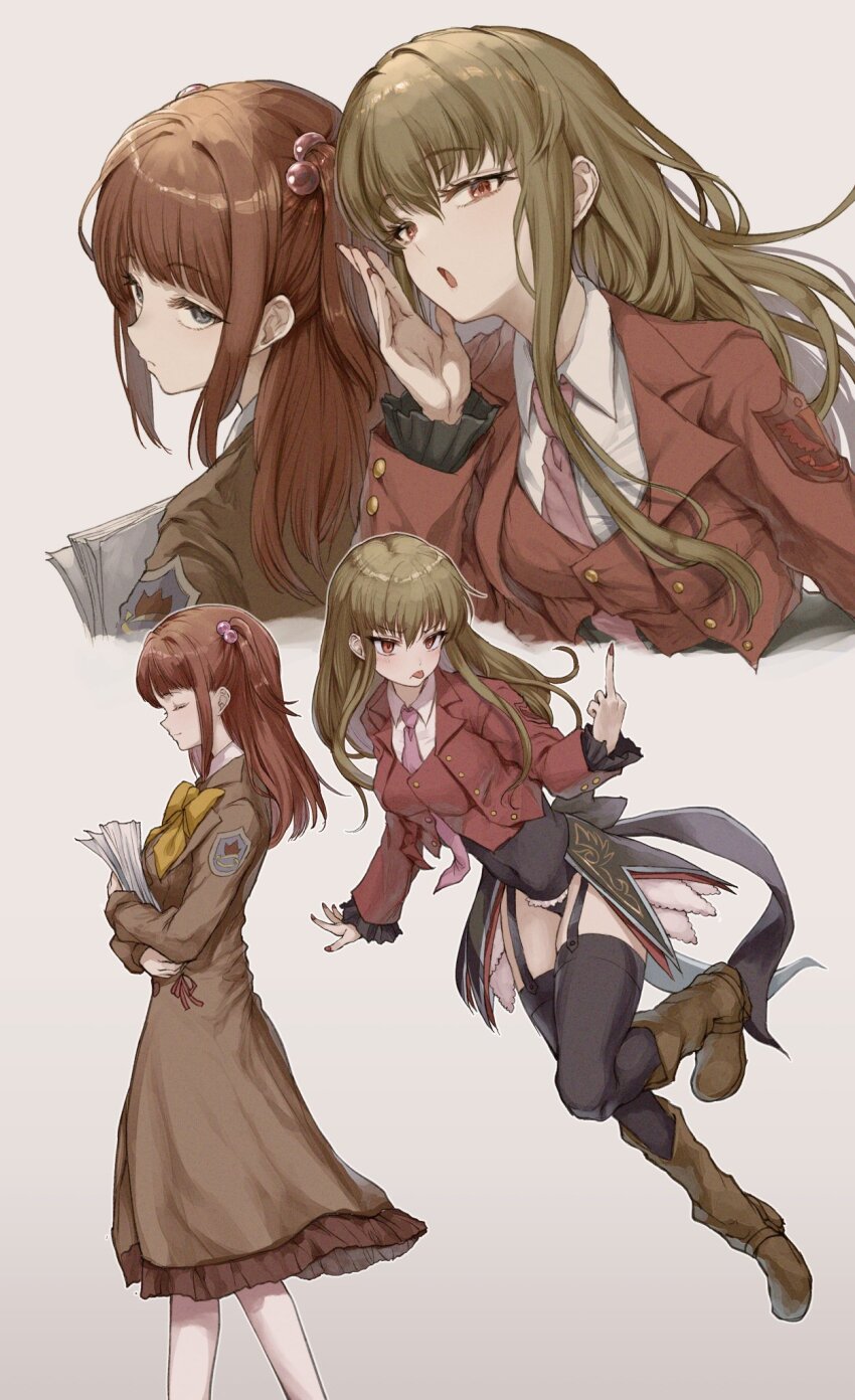 2girls :p black_leotard black_thighhighs blue_eyes blunt_bangs boots bow bowtie brown_dress brown_footwear brown_hair buttons closed_eyes closed_mouth commentary covered_navel cropped_jacket dress floating frilled_sleeves frills frown garter_straps grey_background hair_between_eyes hair_bobbles hair_intakes hair_ornament hand_up highres holding holding_paper jacket leotard light_blush light_smile long_sleeves looking_ahead looking_at_another looking_at_viewer looking_back mammon_(umineko) middle_finger multiple_girls multiple_views nail_polish necktie open_mouth pantyhose paper pink_necktie prprpkpy red_eyes red_hair red_jacket red_nails red_vest school_uniform shirt simple_background stakes_of_purgatory thighhighs tongue tongue_out two_side_up umineko_no_naku_koro_ni ushiromiya_ange vest walking white_pantyhose white_shirt yellow_bow yellow_bowtie