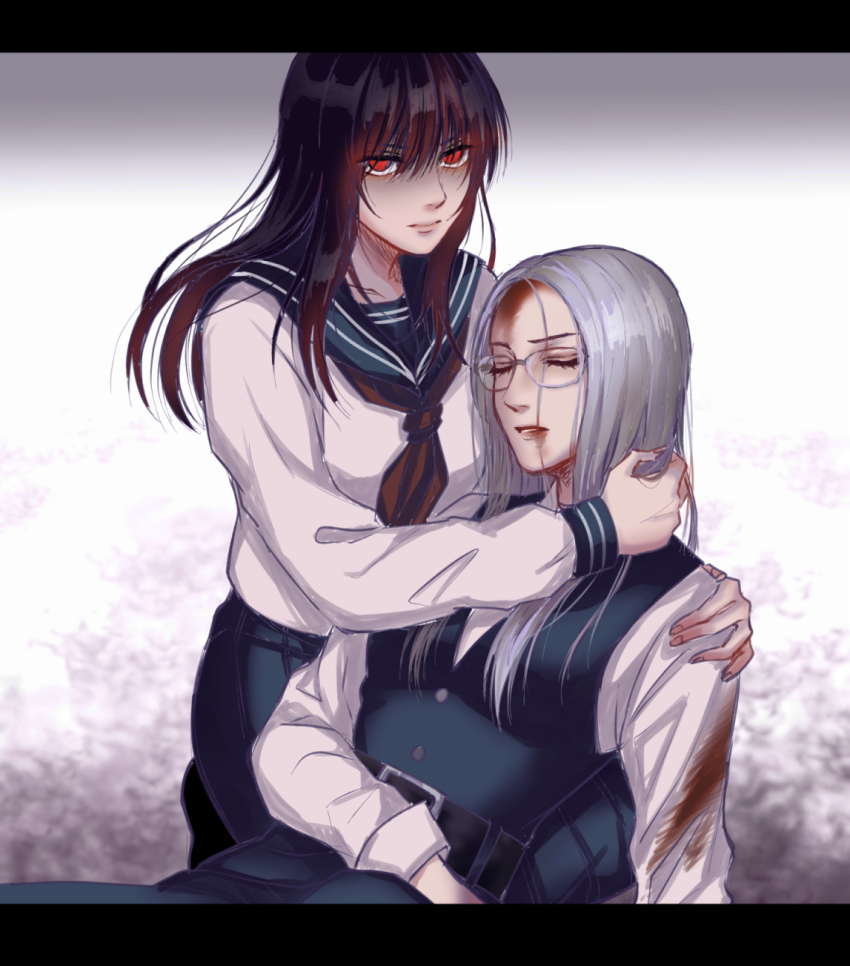 2girls belt black_belt black_hair black_pants black_sailor_collar black_skirt black_vest blood blood_on_clothes blood_stain breasts brown_neckerchief closed_eyes closed_mouth commentary_request defeat glasses grey_hair greyscale hand_on_another&#039;s_neck hand_on_another&#039;s_shoulder highres letterboxed long_hair long_sleeves looking_at_viewer loose_hair_strand medium_breasts monochrome mugennitaberu multiple_girls neckerchief original pants parted_bangs parted_lips red_eyes rimless_eyewear sailor_collar school_uniform serafuku shirt skirt vest waistcoat white_shirt