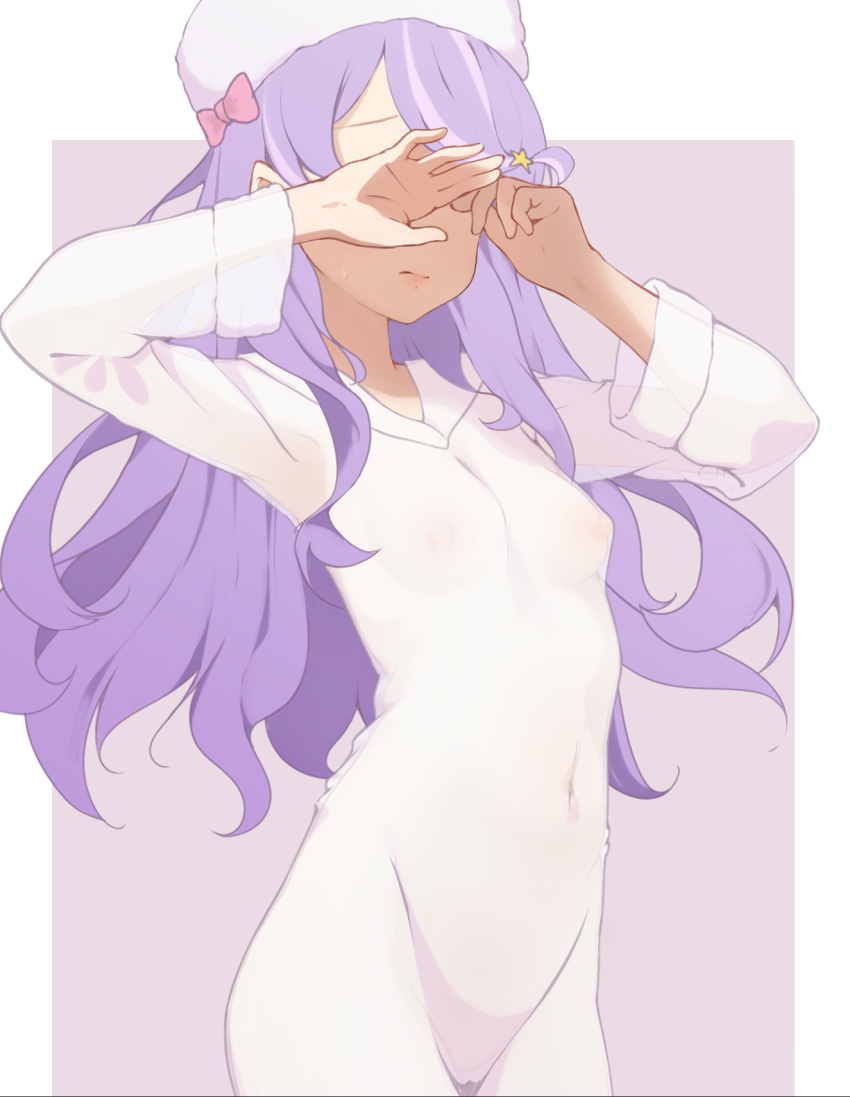 1girl anastasia_hoshin bow covered_navel covering_own_eyes dress hair_ornament hat highres light_frown long_hair nipples pink_bow purple_hair pussy re:zero_kara_hajimeru_isekai_seikatsu salacia014 see-through_clothes solo star_(symbol) star_hair_ornament white_dress white_hat