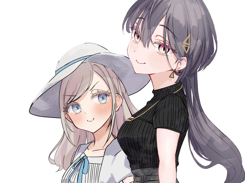 &gt;:) 2girls absurdres black_sweater blue_eyes blush breasts c: ceras_yanagida_lilienfeld ceras_yanagida_lilienfeld_(summer_casual) cleavage_cutout closed_mouth clothing_cutout collarbone commentary dress earrings edel_note grey_hair grey_skirt hair_between_eyes hair_ornament hat height_difference highres jacket jewelry katsuragi_izumi katsuragi_izumi_(summer_casual) link!_like!_love_live! long_hair looking_at_another looking_at_viewer love_live! medium_breasts multiple_girls necklace open_clothes open_jacket pink_eyes rere_88rere ribbed_sweater short-sleeved_sweater short_sleeves sidelocks skirt smile split_mouth sun_hat sweater triangle_earrings triangle_hair_ornament upper_body v-shaped_eyebrows virtual_youtuber white_dress white_hat white_jacket wolf_cut