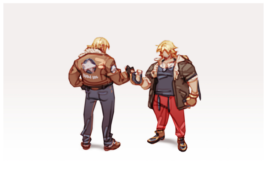 2boys bad_tag blonde_hair capcom crossover denim facial_hair fatal_fury fingerless_gloves garou:_mark_of_the_wolves gloves highres jacket jeans ken_masters male_focus multiple_boys muscular nin_nakajima nintendo pants short_hair simple_background snk street_fighter street_fighter_6 super_smash_bros. terry_bogard the_king_of_fighters vest