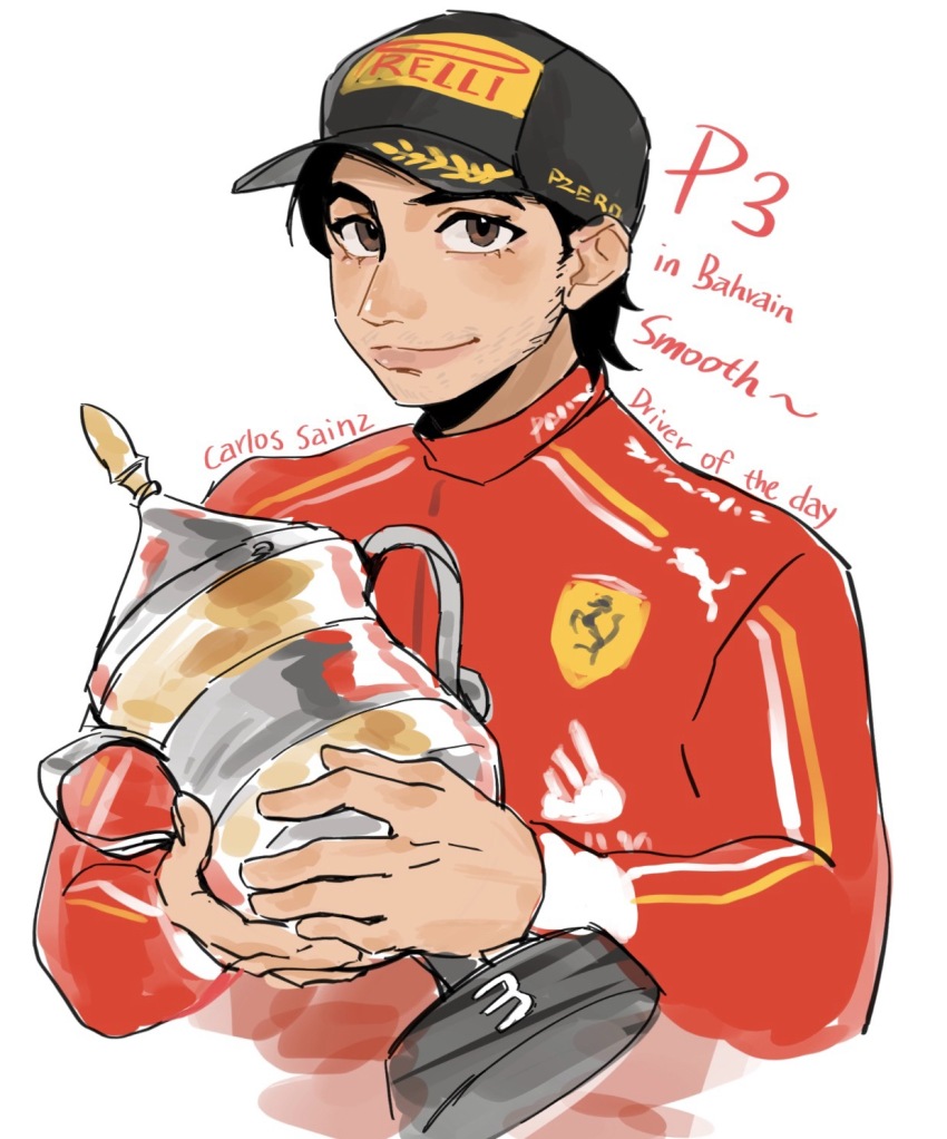 1boy animification baseball_cap black_hat black_jacket brown_eyes carlos_sainz character_name ferrari formula_one hat highres holding holding_trophy jacket logo looking_at_viewer male_focus pirelli puma_(brand) real_life red_jacket rexin_shimin_shuang_xiansheng simple_background smile solo trophy upper_body white_background