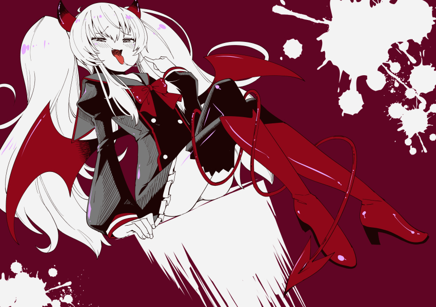 1girl black_thighhighs boots demon_girl demon_horns demon_tail demon_wings full_body greyscale grim_aloe highres horns long_hair looking_at_viewer monochrome open_mouth quiz_magic_academy quiz_magic_academy_the_world_evolve red_boots red_horns red_wings skirt smile solo tail thighhighs toku_sonchou twintails very_long_hair wings
