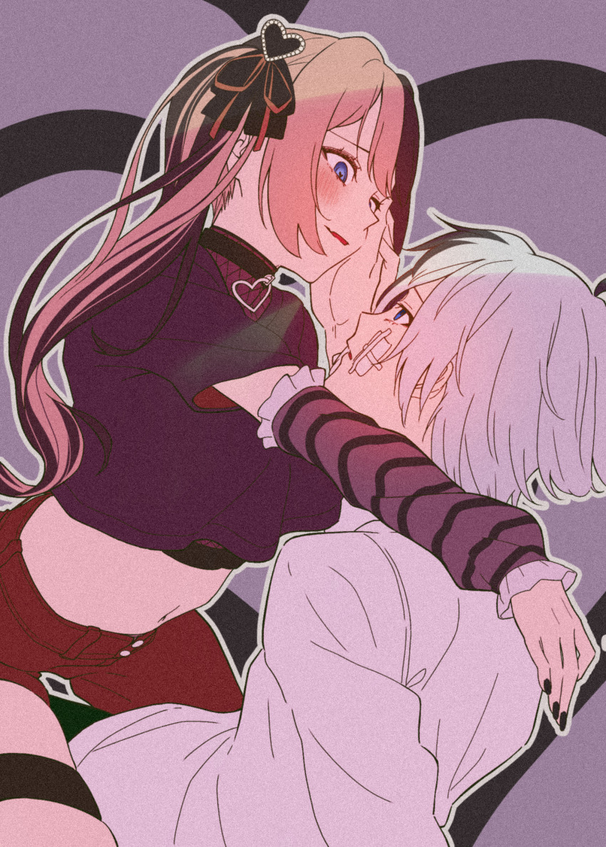 1boy 1girl alternate_costume arm_warmers asymmetrical_clothes black_collar black_hair black_nails blue_eyes blush brown_hair collar crop_top cropped_shirt fishnet_top fishnets gauze gauze_on_cheek girl_on_top hand_on_another&#039;s_cheek hand_on_another&#039;s_face highres indie_virtual_youtuber iris_black_games kamito_(vtuber) midriff multicolored_hair navel pants parted_bangs parted_lips pink_hair red_pants shirt side_ponytail single_pantsleg split-color_hair tachibana_hinano tawashi_(tawashi324) thigh_strap two-tone_hair virtual_youtuber vspo! white_hair white_shirt