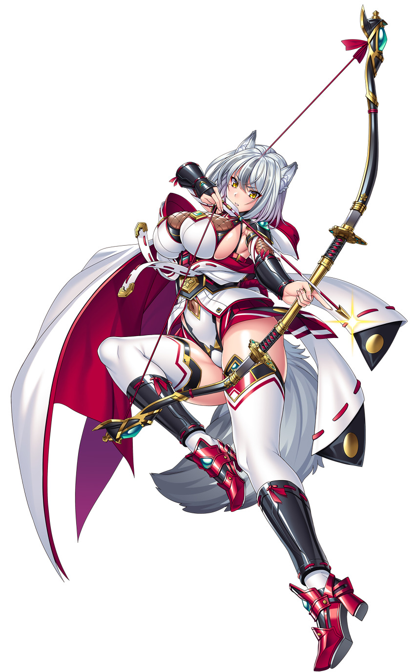 1girl absurdres animal_ears bow bow_(weapon) full_body highres kannagi_kaede lilith-soft nipples official_art saijou_satoru silver simple_background solo tail taimanin_(series) taimanin_rpgx weapon white_hair yellow_eyes