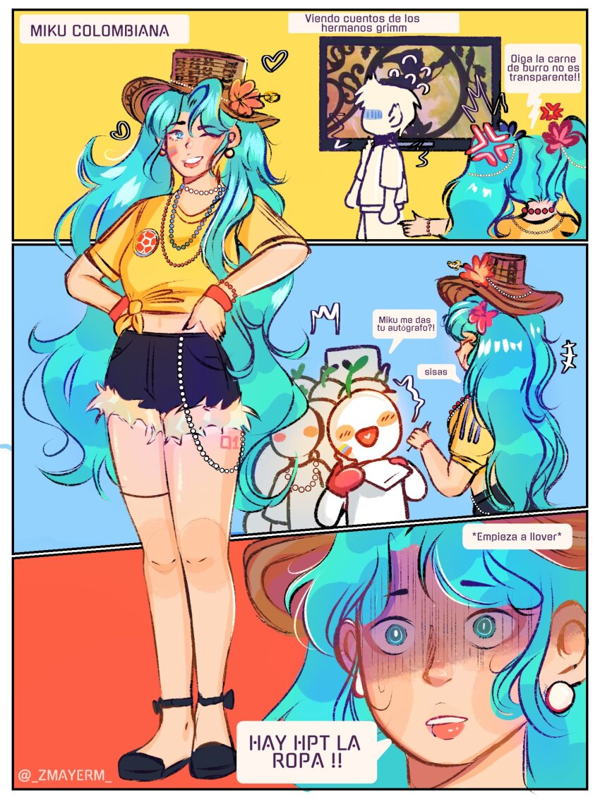 1girl blue_eyes blue_hair colombia colombian_clothes colombian_hat colombian_miku flower flower_on_head hatsune_miku highres lip_piercing long_hair piercing shorts spanish_text vocaloid