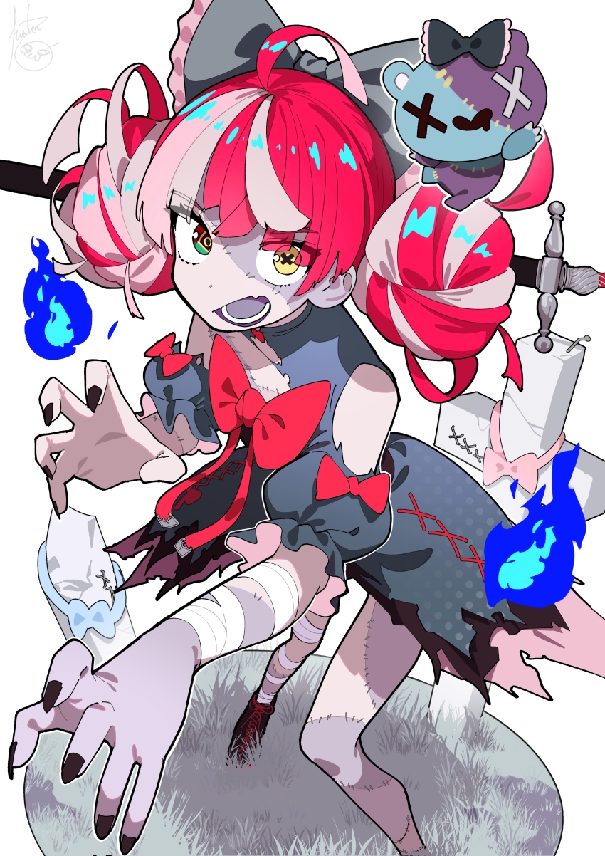 1girl absurdres black_bow black_dress black_nails blue_fire bow colored_skin colored_tongue double_bun dress fire grass green_eyes grey_hair grey_skin hair_bow hair_bun hanten_(hantennano) highres hololive hololive_indonesia kureiji_ollie kureiji_ollie_(1st_costume) looking_at_viewer mismatched_pupils multicolored_skin object_through_head open_mouth outstretched_arms patchwork_skin purple_tongue red_hair simple_background solo standing stitched_face stitched_torso stitches sword_in_head symbol-shaped_pupils udin_(kureiji_ollie) virtual_youtuber white_background x-shaped_pupils yellow_eyes zombie zombie_pose