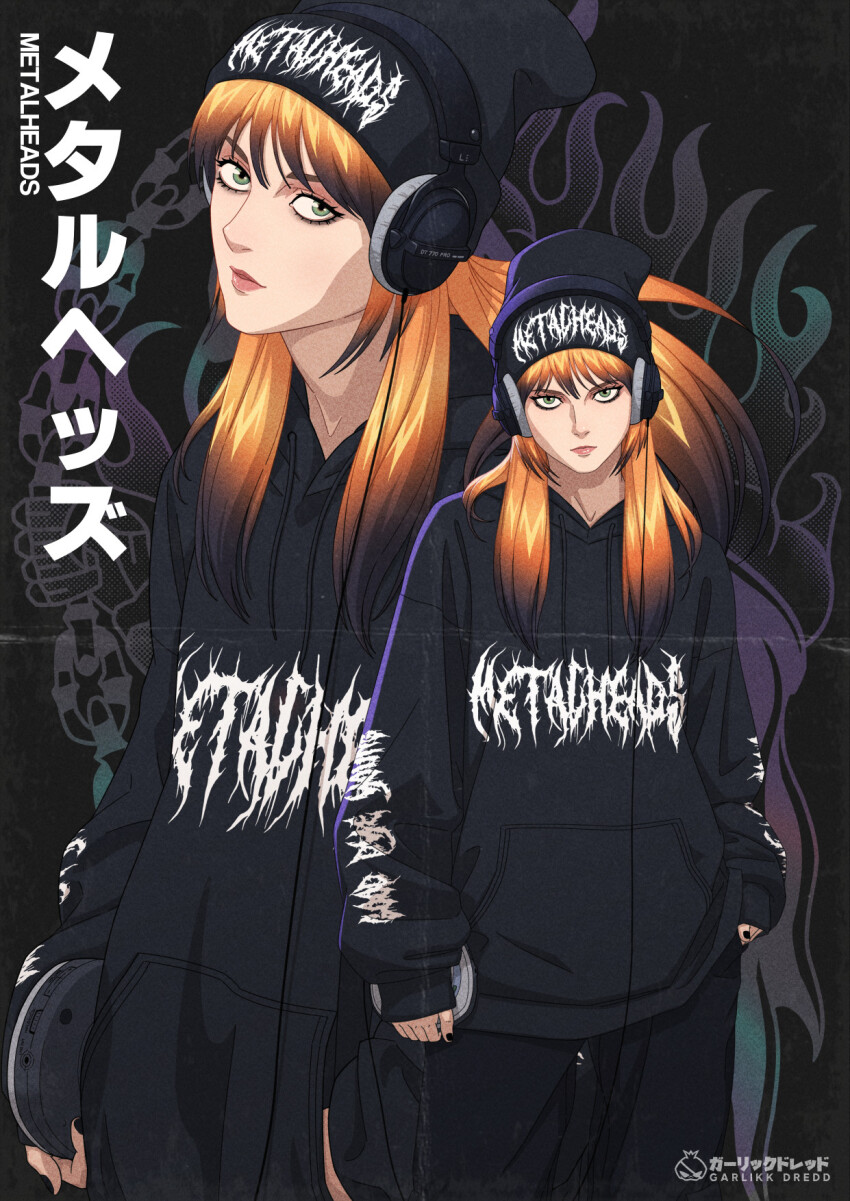 1girl artist_name beanie black_hair black_hat black_hoodie black_pants colored_tips drawstring garlikk_dredd green_eyes hat hayley_williams head_tilt headphones highres hood hood_down hoodie looking_at_viewer multicolored_hair multiple_views orange_hair pants paramore real_life