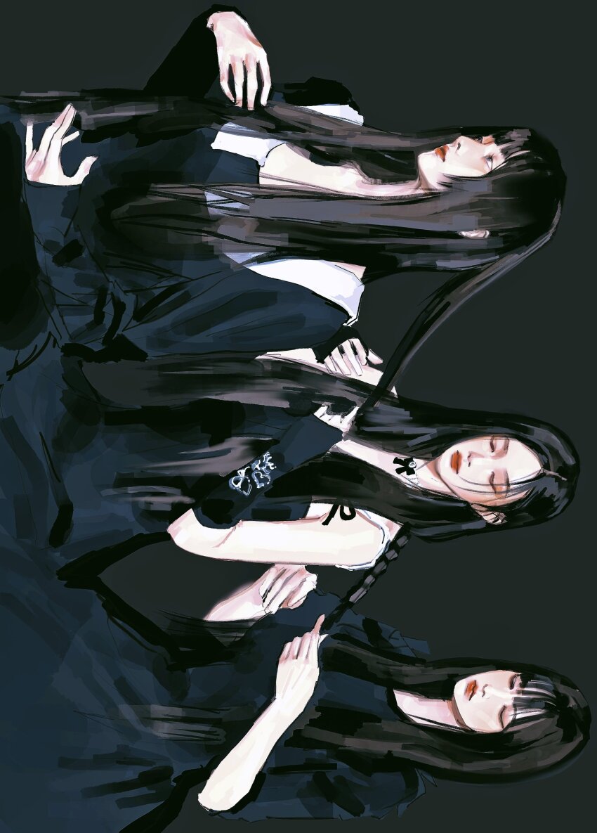 3girls absurdres black_background black_dress black_hair blunt_bangs closed_mouth commentary dress elbow_sleeve highres holding_another&#039;s_hair irene_(red_velvet) joy_(red_velvet) k-pop long_hair long_sleeves looking_ahead meolkyy multiple_girls real_life red_lips red_velvet_(group) simple_background symbol-only_commentary upper_body yeri_(red_velvet)