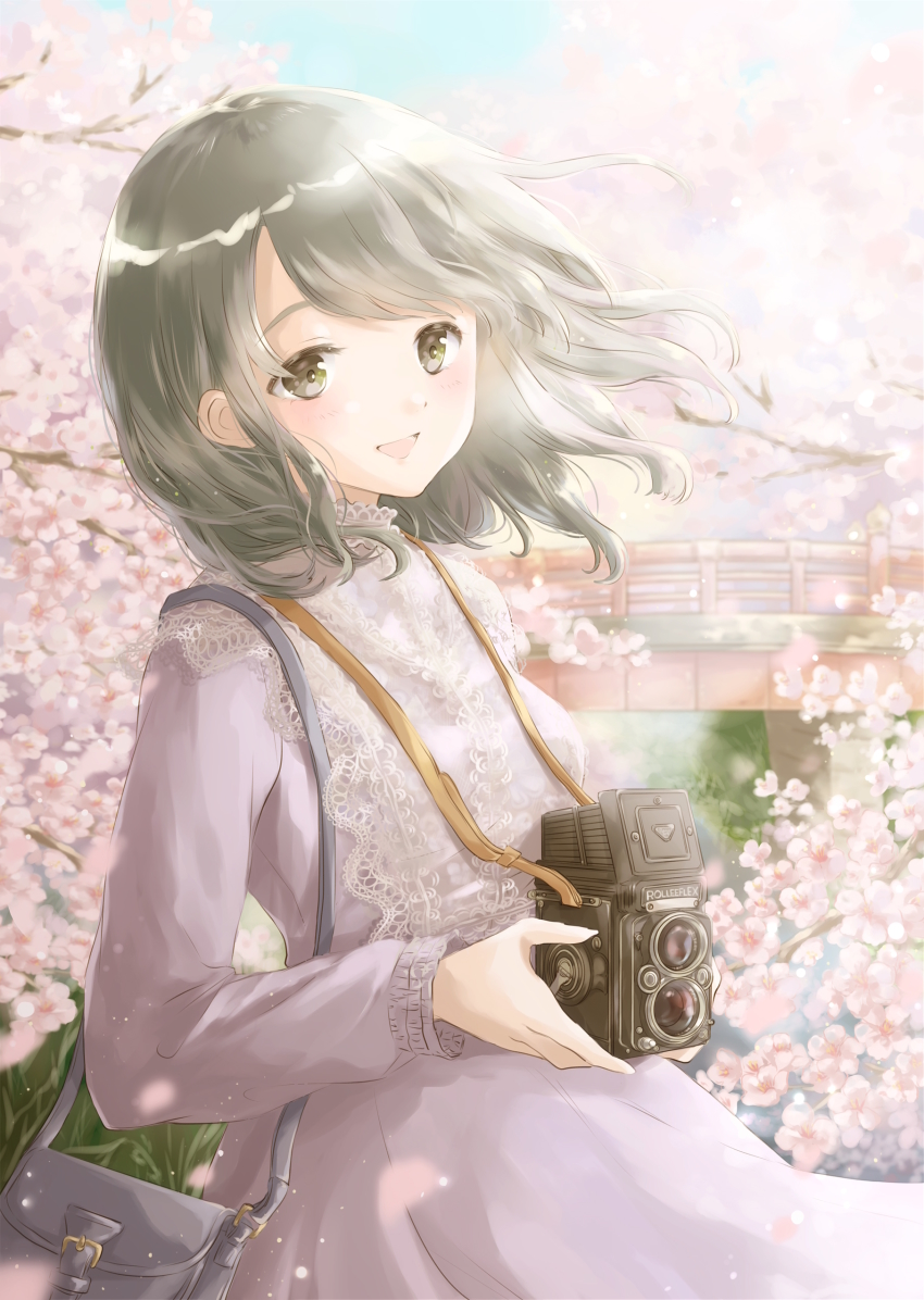 1girl absurdres bag black_hair blurry branch brand_name_imitation bridge brown_eyes camera cherry_blossoms commentary day depth_of_field dress female_focus flower hair_blowing handbag high_collar highres holding holding_camera hoshiibara_mato lace lace-trimmed_dress lace_trim leaning_back light_particles long_sleeves looking_at_viewer medium_hair open_mouth original outdoors petals purple_dress sleeve_cuffs solo spring_(season) standing swept_bangs thick_eyebrows twin-lens_reflex_camera upper_body wind