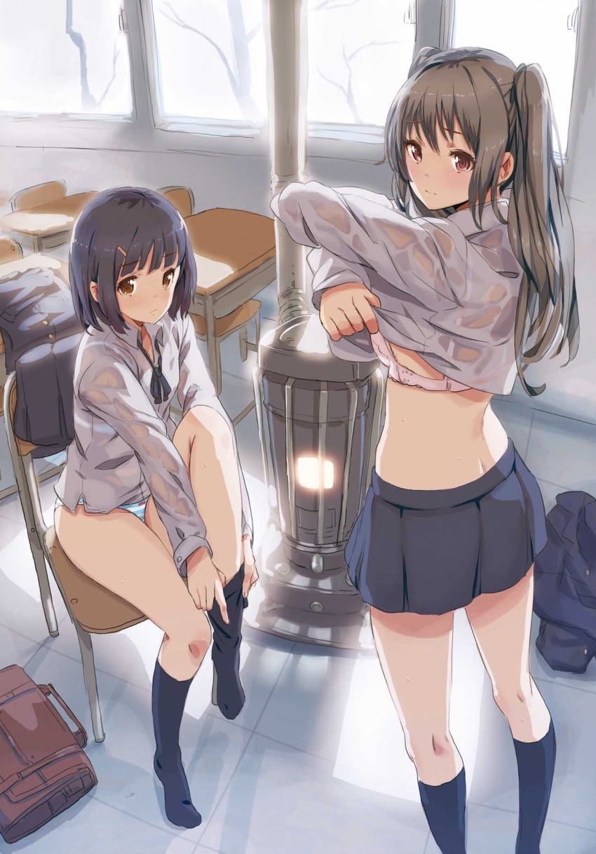 2girls ass back bag bare_tree black_hair black_neckwear blue_legwear blush bow bow_panties bra breasts brown_eyes brown_hair buttons chair classroom closed_mouth collared_shirt desk dress_shirt eyebrows feet_out_of_frame from_behind full_body green_panties hair_between_eyes hair_ornament hairclip handbag heater highres holding holding_unworn_clothes holding_legwear holding_unworn_clothes indoors jacket jpeg_artifacts kerosene_heater kneehighs legs long_hair long_sleeves looking_at_viewer looking_back lossy-lossless miniskirt multiple_girls no_pants no_shoes non-web_source on_chair original panties pink_bow pink_bra pleated_skirt saitou_masatsugu school_bag school_chair school_desk school_uniform see-through_clothes shirt short_hair sitting skirt small_breasts socks standing striped_clothes striped_panties table tile_floor tiles tree twintails underwear undressing wet wet_clothes wet_shirt white_shirt window