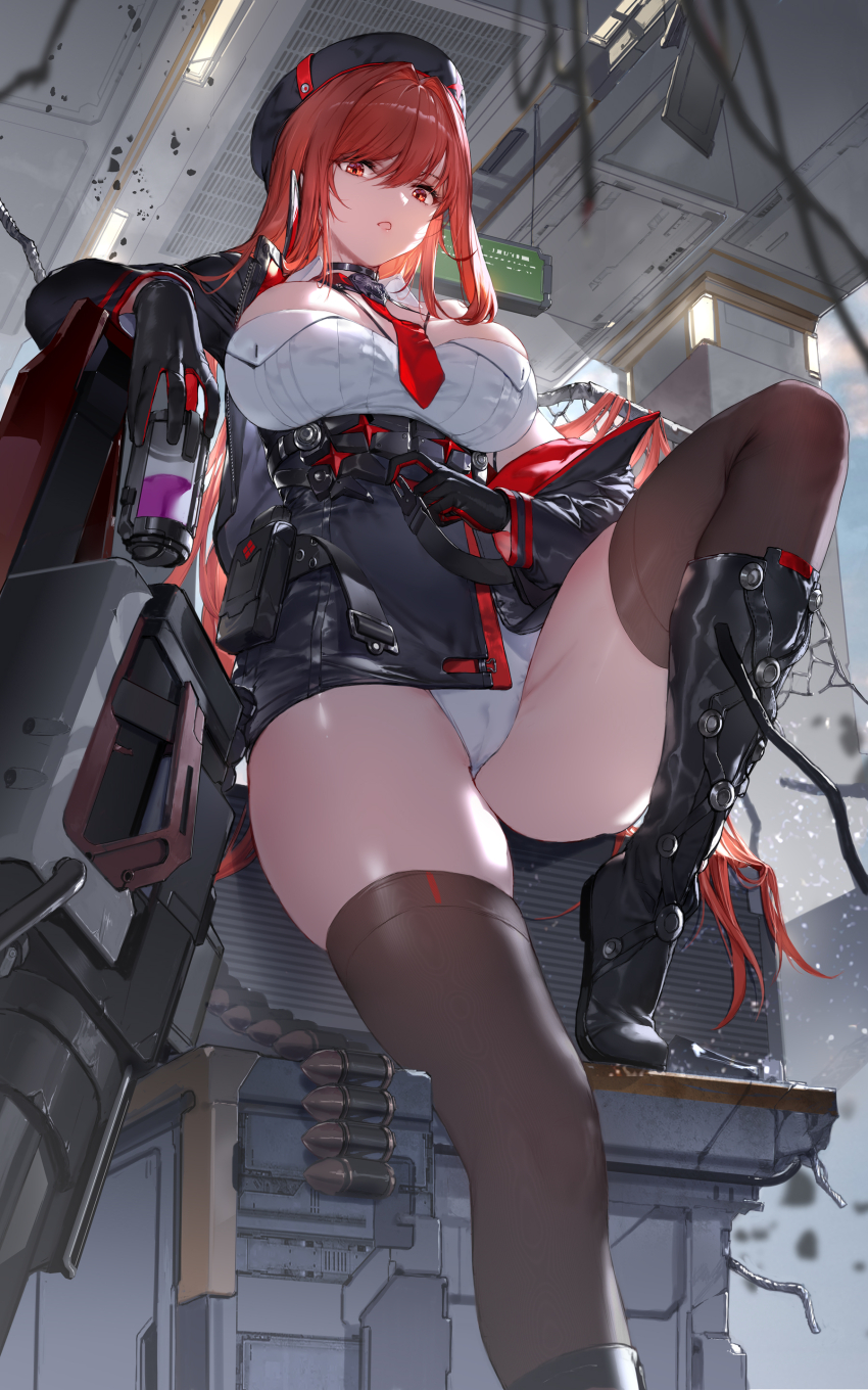 1girl absurdres ammunition beret black_boots black_gloves black_hat black_thighhighs boots breasts cameltoe foot_out_of_frame from_below gloves goddess_of_victory:_nikke hat highres holding knee_boots large_breasts long_hair long_sleeves looking_at_viewer looking_down parted_lips rapi_(nikke) rapi_(red_hood)_(nikke) red_eyes red_hair solo swd3e2 thighhighs thighs
