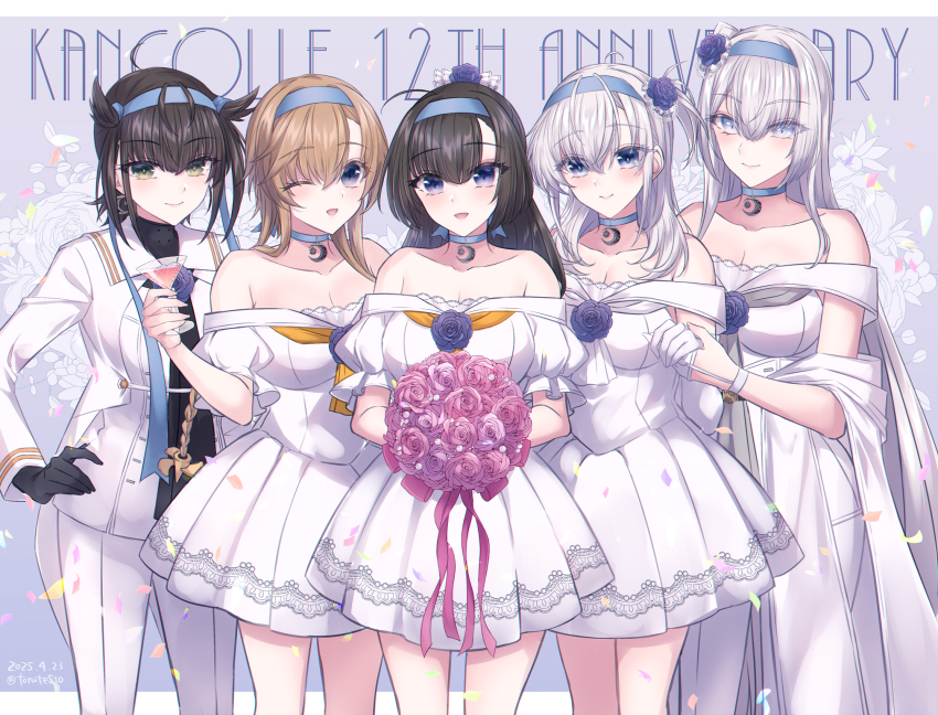 5girls akizuki_(kancolle) alternate_costume bare_shoulders black_bodysuit blue_flower blue_headband bodysuit breasts brown_hair cleavage commentary_request corsage dress flower fuyutsuki_(kancolle) gloves grey_eyes grey_hair hair_between_eyes hair_flaps half_gloves hatsuzuki_(kancolle) hatsuzuki_kai_ni_(kancolle) headband highres holding holding_flower kabocha_torute kantai_collection large_breasts long_hair looking_at_viewer medium_breasts multiple_girls one_side_up open_mouth sailor_collar short_hair shrug_(clothing) smile suzutsuki_(kancolle) teruzuki_(kancolle) white_dress white_gloves white_hair white_sailor_collar white_shrug yellow_eyes