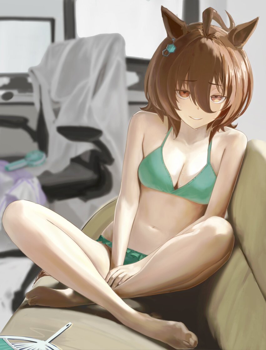 1girl agnes_tachyon_(umamusume) ahoge animal_ears barefoot bikini blurry blurry_background breasts brown_eyes brown_hair cleavage closed_mouth collarbone couch earrings frilled_bikini frills full_body green_bikini hair_between_eyes highres horse_ears horse_girl indian_style jewelry legs looking_at_viewer medium_breasts medium_hair navel o_ko_ge2024 on_couch parted_lips shadow single_earring sitting solo stomach sweatdrop swimsuit toenails toes umamusume