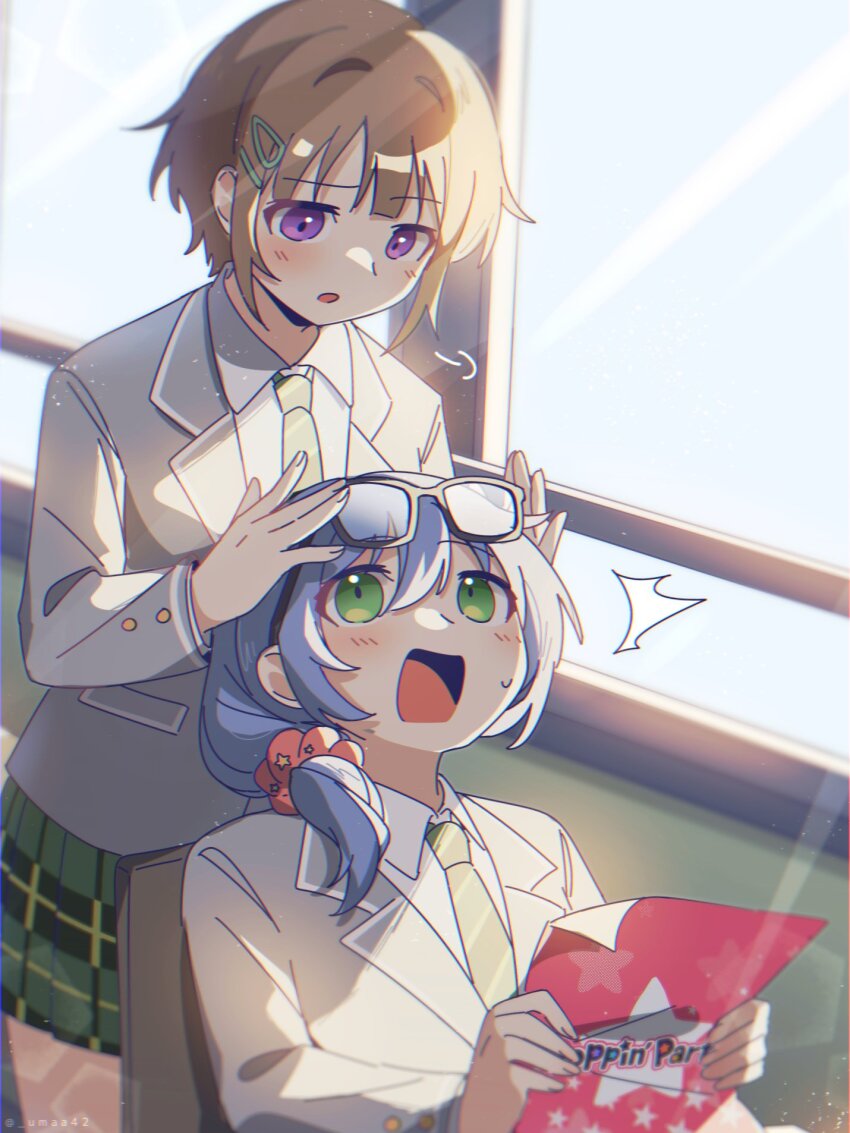 2girls asahi_rokka bang_dream! blue_hair brown_eyes brown_hair chair classroom glasses green_eyes green_necktie grey_jacket hair_ornament hairclip haneoka_school_uniform highres holding indoors jacket long_hair looking_at_viewer multiple_girls necktie open_mouth paper school_uniform shirt short_hair sitting skirt standing surprised sweat toyama_asuka umaa42 white_shirt window