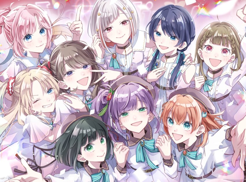 4th_live_dream_~bloom_the_dream_believers~ 6+girls :d ;d anyoji_hime arm_up bare_shoulders beret black_hair blonde_hair blue_eyes blue_hair blue_ribbon blunt_bangs blunt_ends blush bob_cut braid brown_hair brown_hat center-flap_bangs cerise_bouquet closed_mouth clothing_cutout collarbone colored_inner_hair commentary curtained_hair dollchestra dream_believers dress english_commentary flower fujishima_megumi gradient_clothes gradient_dress gradient_hair green_eyes green_ribbon grin hair_bun hair_flower hair_intakes hair_ornament hair_ribbon hand_on_another&#039;s_shoulder hat highres hinoshita_kaho holding_hands interlocked_fingers inverted_bob kachimachi_kosuzu link!_like!_love_live! long_hair long_sleeves looking_at_viewer love_live! low_twintails medium_hair mira-cra_park! mole mole_on_neck momose_ginko multi-tied_hair multicolored_hair multiple_girls murano_sayaka neck_ribbon official_alternate_costume one_eye_closed open_mouth orange_hair osawa_rurino otomune_kozue outstretched_arm parted_bangs pink_dress pink_eyes pink_hair ponytail purple_eyes purple_hair rabbit_hair_ornament raised_fist red_eyes red_flower red_hair ribbon saito_shiorii short_hair short_sleeves shoulder_cutout side_braids side_ponytail single_side_bun smile streaked_hair tassel tassel_hair_ornament twintails two_side_up v-shaped_eyebrows virtual_youtuber white_hair yugiri_tsuzuri