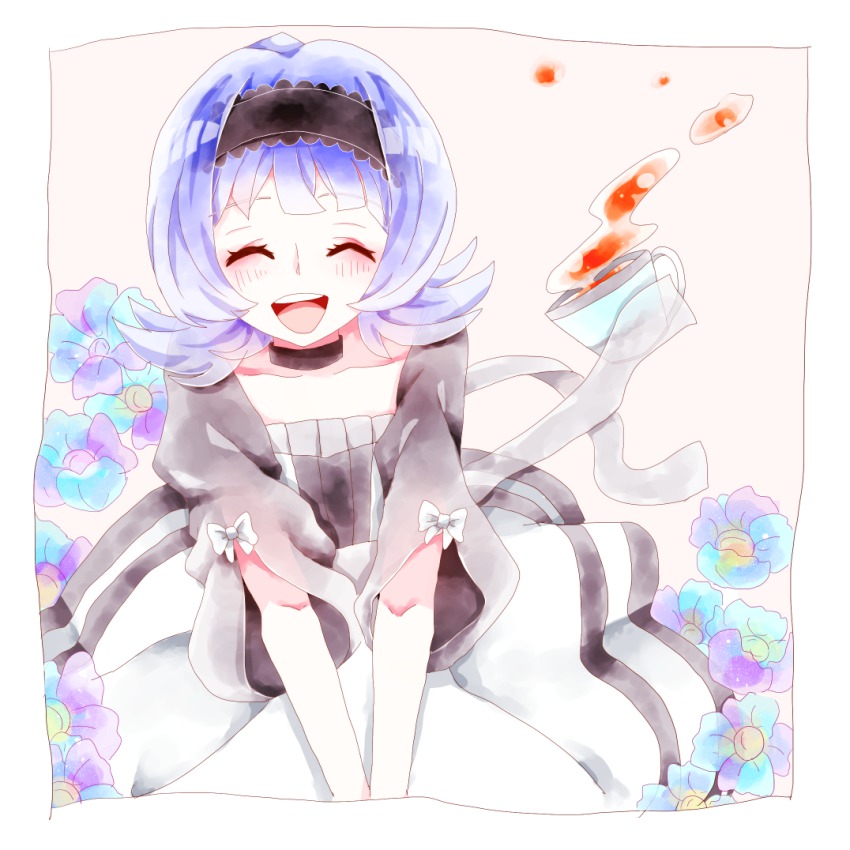 1girl almiria_bauduin blue_hair closed_eyes cup dress female_focus gundam gundam_tekketsu_no_orphans long_hair rin2019 smile solo tea teacup