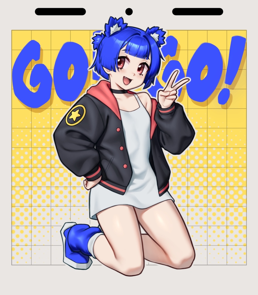 1girl animal_ears bear_ears bear_girl black_choker black_jacket blue_boots blue_hair boots borrowed_character choker collarbone dress fang go!_go!_gris! grey_outline gris_(go!_go!_gris!) highres hunybee jacket long_sleeves looking_at_viewer open_clothes open_jacket open_mouth outline pink_eyes smile solo tongue v white_dress