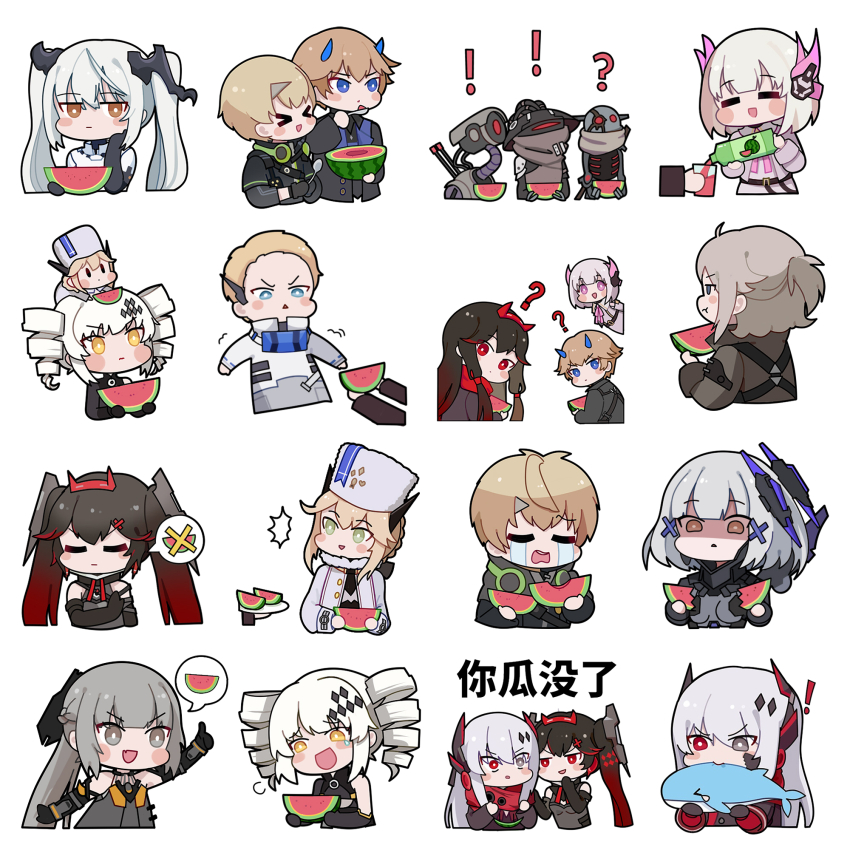 ! &gt;_&lt; 4boys 6+girls :d ? alpha_(pgr) animal arm_up armor bare_shoulders bianca:_zero_(pgr) bianca_(pgr) black_gloves black_hair black_horns black_jacket blonde_hair blue_eyes blue_horns breasts bright_pupils brown_eyes brown_hair brown_jacket brown_scarf chibi chibi_only chinese_commentary chrome:_arclight_(pgr) chrome_(pgr) closed_eyes closed_mouth coat collared_dress commandant_(pgr) commentary_request crying cup dress drill_hair drinking_glass earrings eating elbow_gloves euyueuy facing_ahead facing_away fish food fruit fur-trimmed_jacket fur_trim gloves gradient_hair green_eyes grey_dress grey_eyes grey_hair hair_ornament hand_on_own_face hand_up hat headphones headphones_around_neck heterochromia highres holding holding_animal holding_cup holding_fish holding_food holding_fruit holding_plate holding_spoon holding_watermelon horn_hairband horns index_finger_raised jacket jewelry kamui:_bastion_(pgr) kamui_(pgr) karenina:_ember_(pgr) karenina_(pgr) laughing lee:_entropy_(pgr) lee_(pgr) liv:_eclipse_(pgr) liv_(pgr) long_hair looking_ahead looking_at_another looking_at_viewer lucia:_dawn_(pgr) lucia:_lotus_(pgr) lucia_(pgr) luna_(npc)_(pgr) luna_(pgr) medium_breasts medium_hair mini_person multicolored_hair multiple_boys multiple_girls nanami:_pulse_(pgr) nanami_(pgr) narwhal neck_ribbon nibbling official_art open_mouth parted_lips partially_shaded_face pink_eyes pink_ribbon plate ponytail pouring punishing:_gray_raven red_eyes red_hair red_horns red_scarf ribbon robot rosetta_(pgr) scarf short_hair short_ponytail simple_background single_horn smile solo_focus spoken_food spoon streaming_tears surprised tearing_up tears translation_request triangle_mouth twin_drills twintails upper_body v-shaped_eyebrows watanabe:_nightblade_(pgr) watanabe_(pgr) watermelon watermelon_juice whispering white_background white_coat white_dress white_hair white_hat white_jacket white_pupils wire x_hair_ornament yellow_eyes
