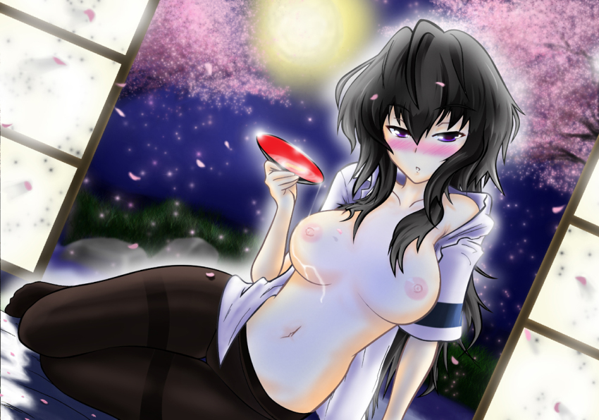 033_(inao170) 1girl black_hair blush breasts breasts_out cherry_blossoms come_hither cup drunk female_focus long_hair looking_at_viewer maji_de_watashi_ni_koi_shinasai! maji_de_watashi_ni_koi_shinasai!_s moon musashibou_benkei navel nipples open_clothes panties panties_under_pantyhose pantyhose parted_lips purple_eyes sakazuki sitting solo thighband_pantyhose topless_female underwear