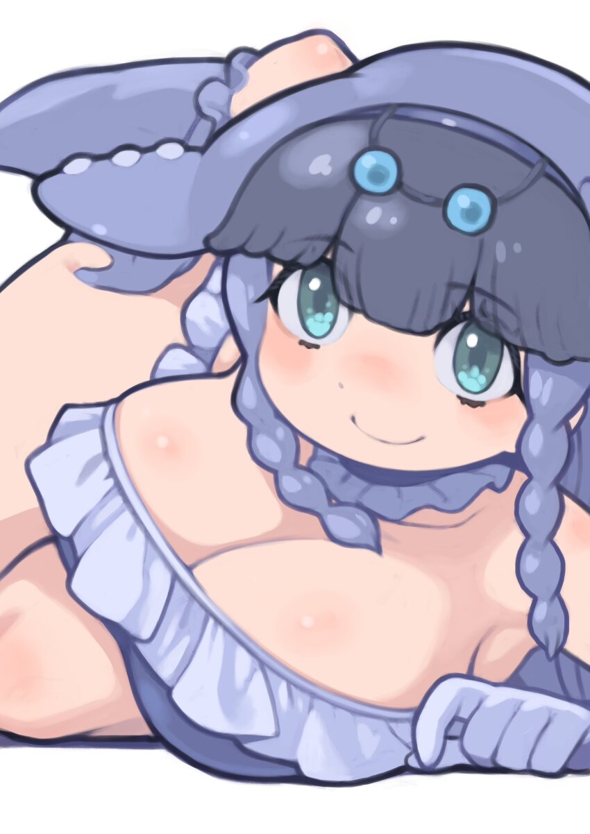 1girl american_manatee_(kemono_friends) bikini blue_eyes blue_hair breasts choker elbow_gloves fins frills gloves green_eyes hair_ornament head_fins highres kemono_friends kemono_friends_3 large_breasts long_hair looking_at_viewer rinx simple_background solo swimsuit tail