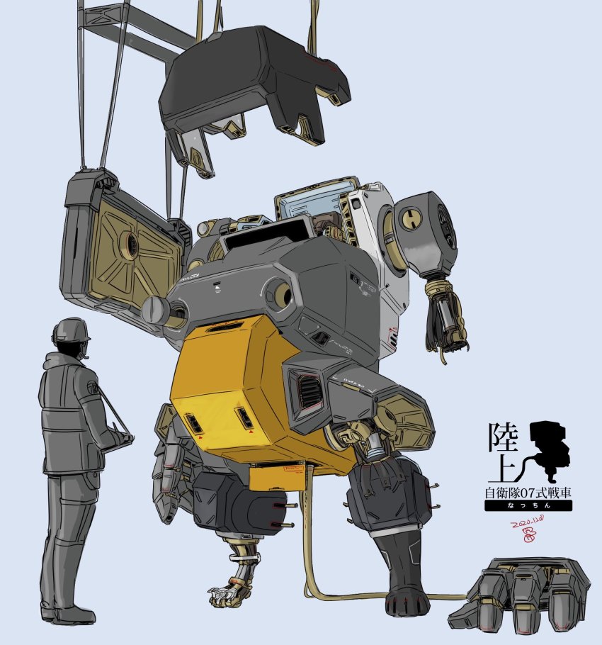 1boy blue_background construction dated hard_hat helmet highres jgsdf_type_07_tank_nacchin lineart logo looking_up male_focus mecha moi_moi7 open_hand original revision robot science_fiction standing suspension
