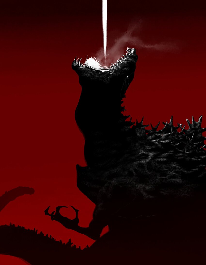 atomic_breath blank_eyes breath_weapon claws energy energy_beam giant giant_monster godzilla godzilla_(series) godzilla_(shin) gradient_background highres kaiju krekkov laser long_tail looking_up mouth_beam no_humans open_mouth red_background shin_godzilla smoke spikes standing tail toho