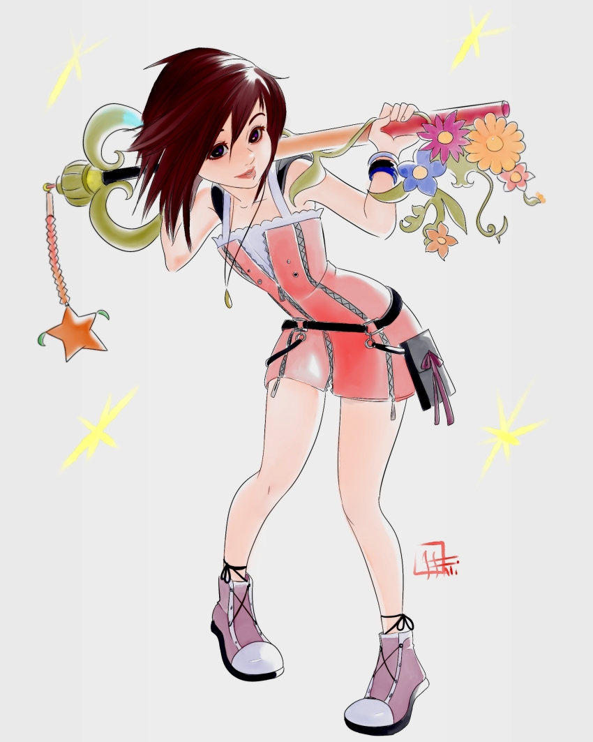 1girl absurdres bracelet commentary contrapposto destiny&#039;s_embrace_(kingdom_hearts) dress full-length_zipper high_tops highres holding holding_weapon jewelry joan_joan kairi_(kingdom_hearts) kingdom_hearts kingdom_hearts_ii knees_together_feet_apart leaning_forward looking_at_viewer multiple_bracelets necklace pink_dress red_hair shoes short_dress simple_background sleeveless sleeveless_dress sneakers solo symbol-only_commentary weapon zipper