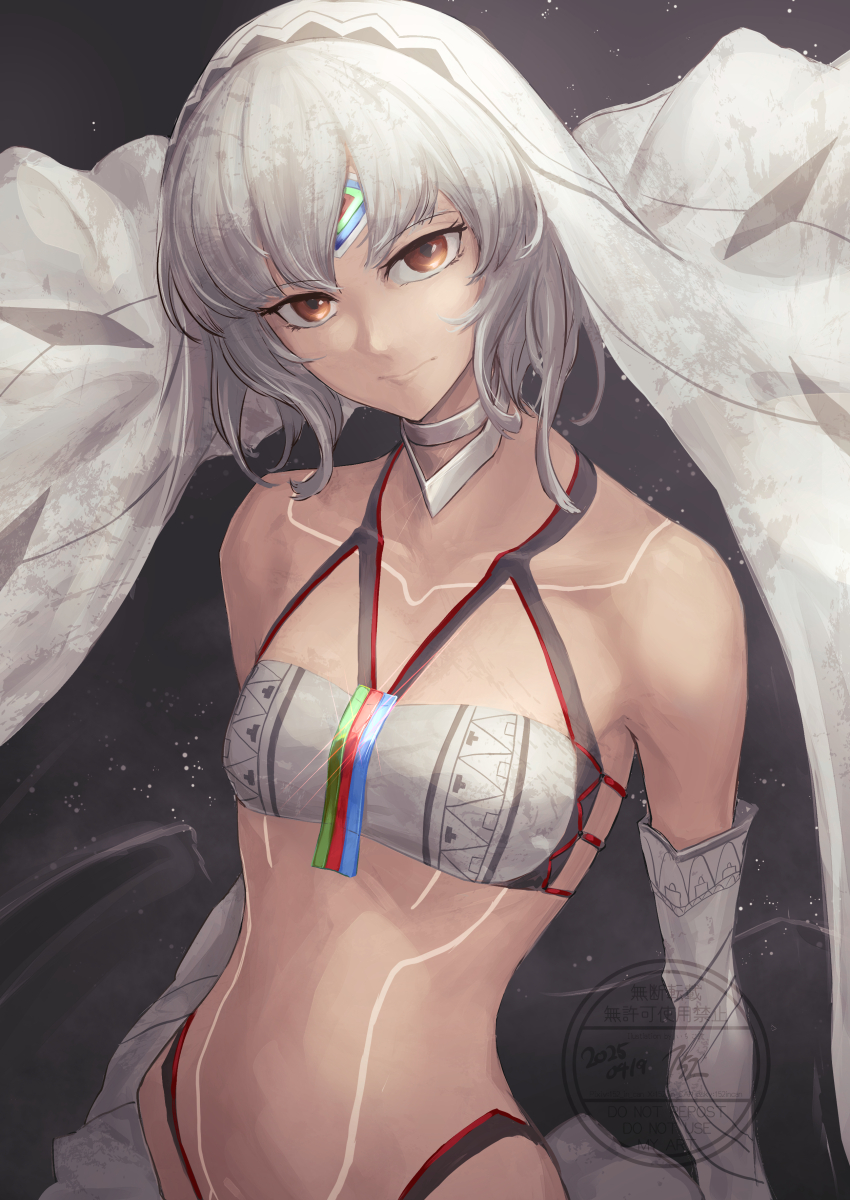 152_in_can 1girl absurdres altera_(fate) bare_shoulders bikini body_markings breasts dark-skinned_female dark_skin detached_sleeves fate/extella fate/extra fate_(series) highres looking_at_viewer navel red_eyes short_hair small_breasts smile solo swimsuit thighs veil white_bikini white_hair